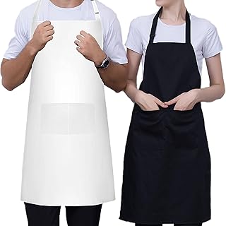 SUQ 2 Pack Adjustable Bib Apron, Unisex Aprons with 2 Pockets for Home Kitchen, Cooking Aprons for Men Women, Cotton Chef Apron, for BBQ Restaurant Baking Coffee (Black & White)