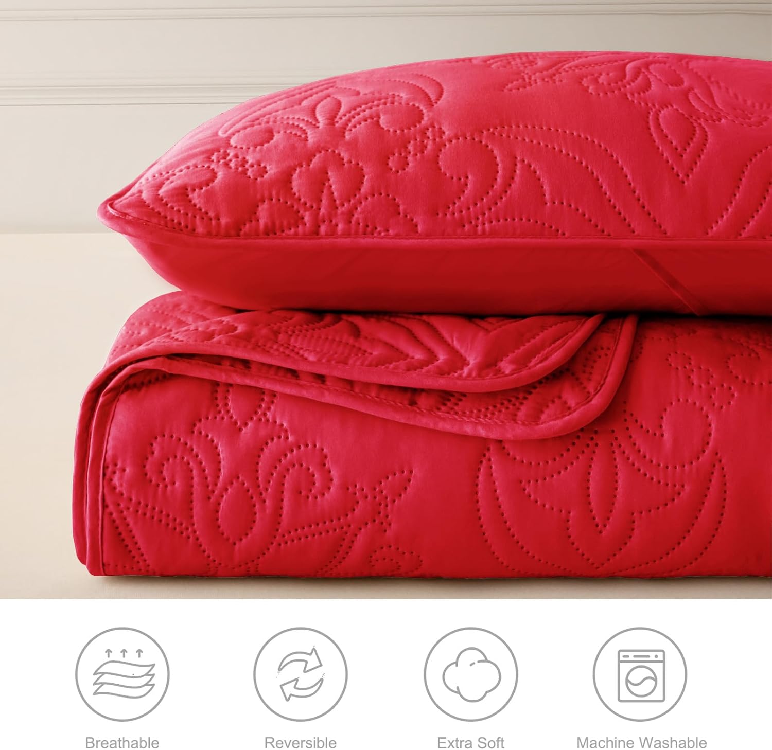 Whale Flotilla Soft King Quilt Bedding Set for All Seasons, Elegant Vintage Damask Ultrasonic Quilts Set, Lightweight Reversible Bedspread, Coverlet, Bed Cover with 2 Pillow Shams, Red - Image 5