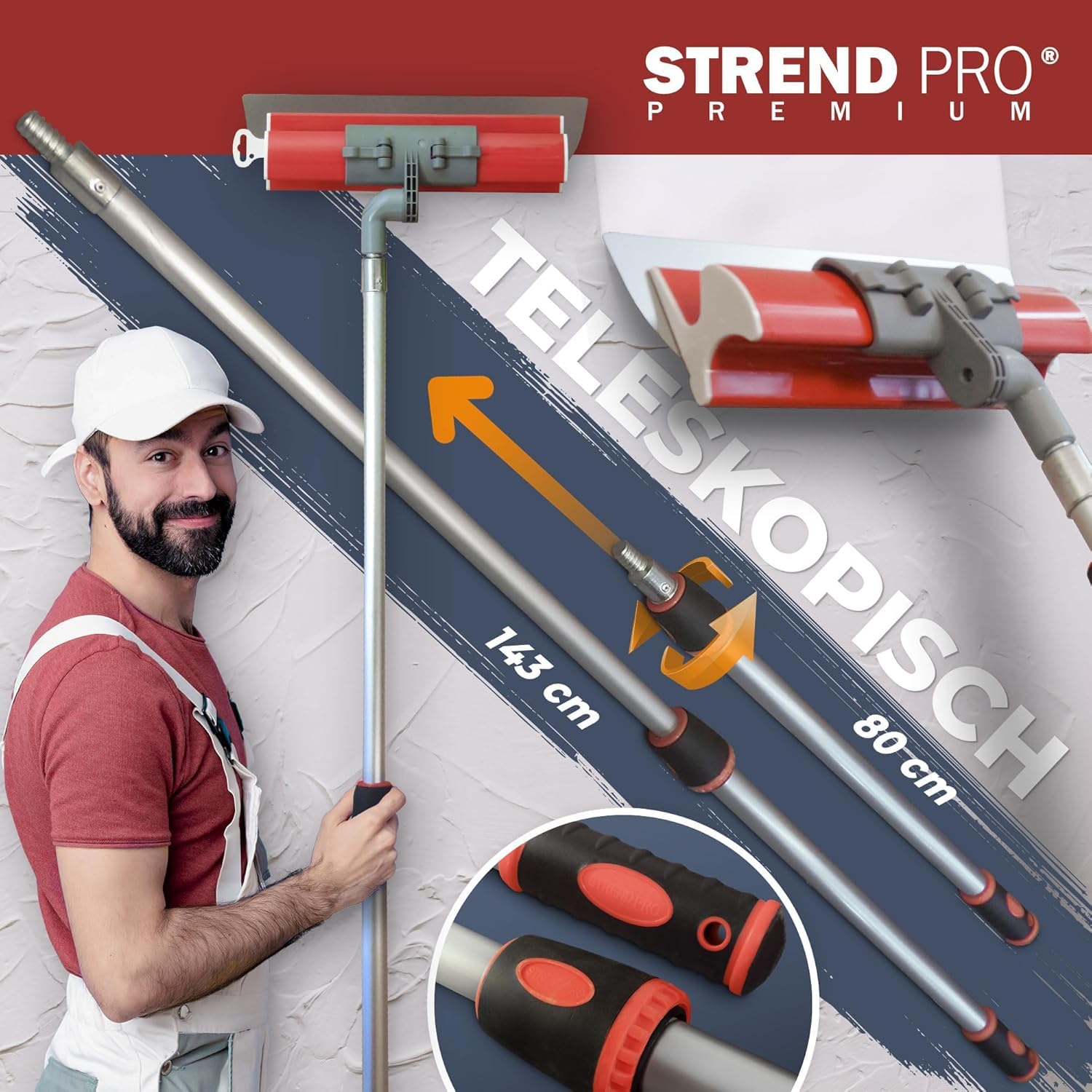 STREND PRO Flächenspachtel Set PREMIUM V2 | inkl. Fassadenspachtel 1000mm, 800mm, 600mm, 400mm, 250mm Glättspachtel, Teleskopgriff, Transportkoffer | PROFI Z Spachtel Set für Trockenbau, Verputzer