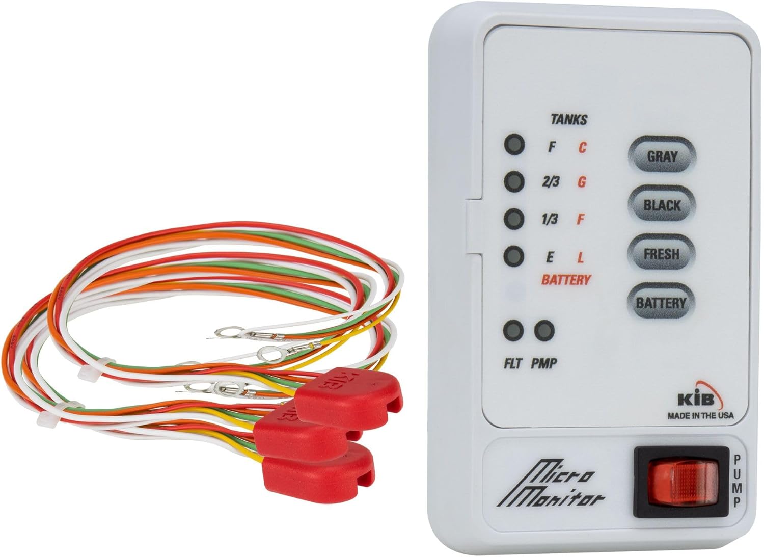 Tough Grade KIB RV Tank Sensor Panel with Water Pump Switch | 12v DC | K101 Pigtail Harness | Fits Standard Cutouts | Monitors Fresh, Gray & Black Water & Battery Levels | Made in The USA (Black)