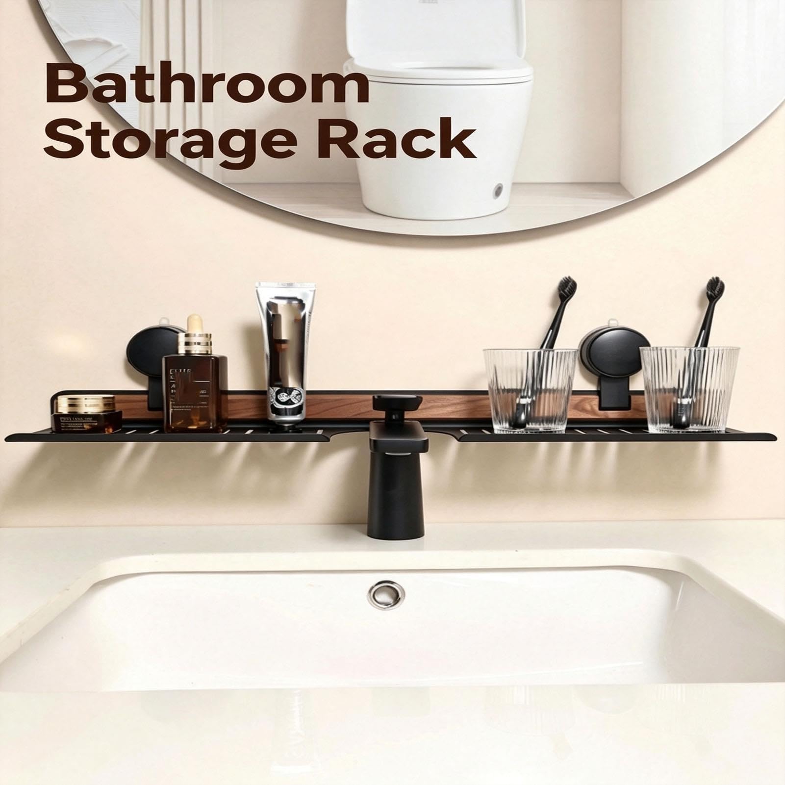 Organizador de Fregadero de Baño, 40/50/60cm Cesta de Madera con Ventosa