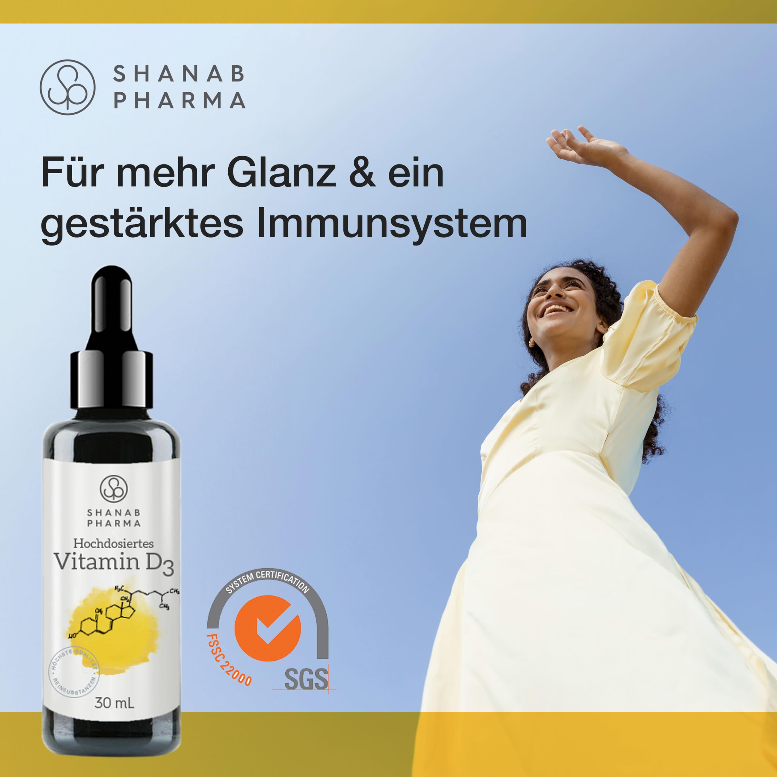 Vitamin D3 Tropfen - Hochdosiertes D3 mit 3300 IE pro D3 Tropfen mit mittelkettigen Triglyceriden für normale Knochen & Immunsystem - 30 ml Vitamin D3 Öl Nahrungsergänzungsmittel von Shanab Pharma