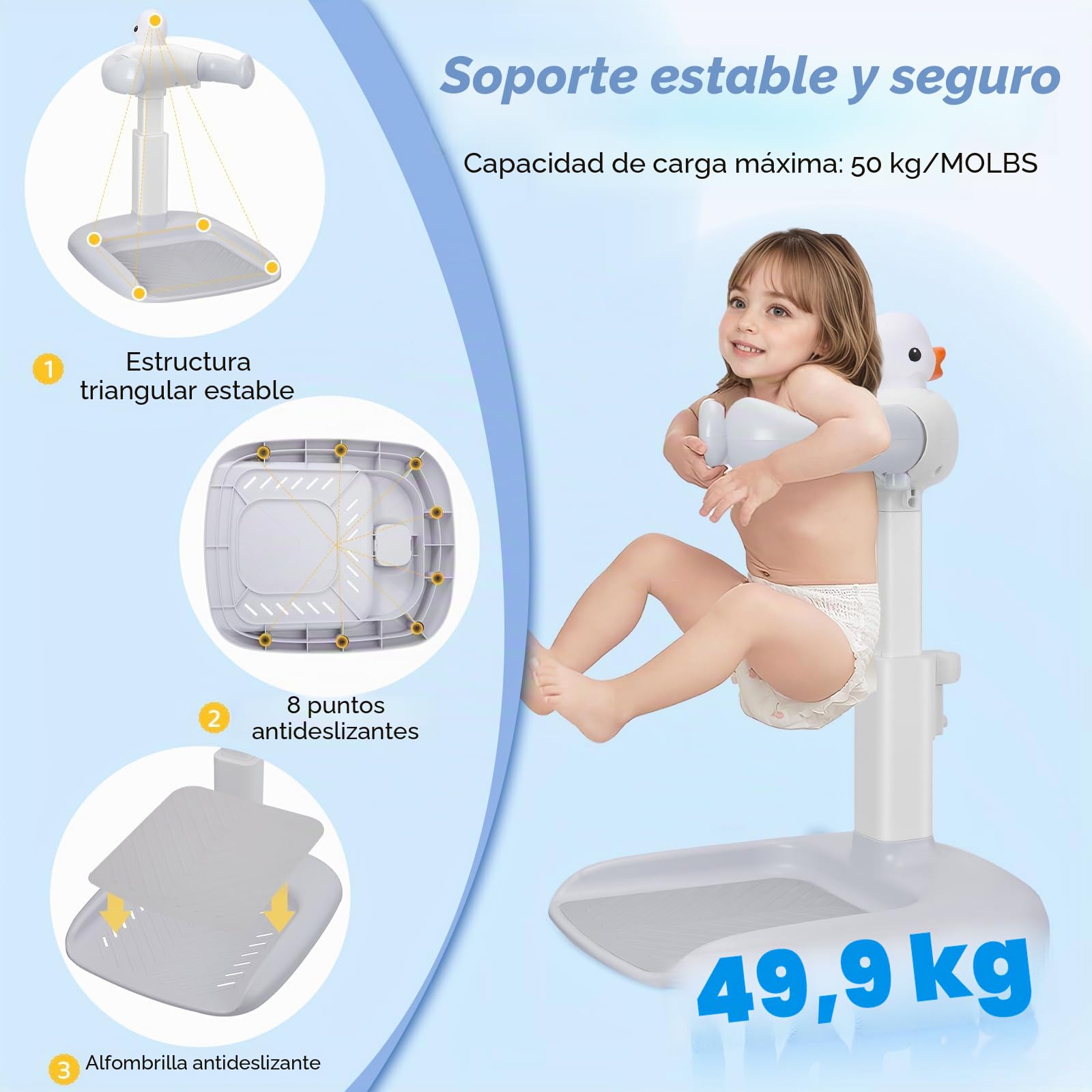 Soporte Ducha para Bebé 8-36 Meses, Altura Ajustable, Portador Ducha Incluido, Base Antideslizante, Asistente Baño Niño, Ideal como Soporte Bebe Bañera