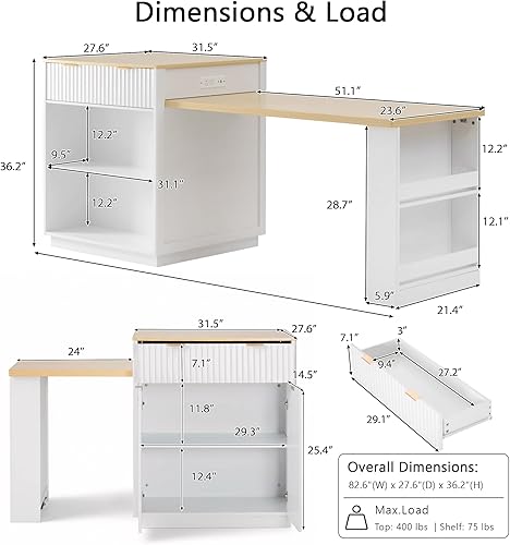 Miniatura 2 de Merax Isla de cocina acanalada de 82.6 pulgadas con mesa de comedor extensible para 4-6, mesa de isla para cocina con toma de corriente, mesa de