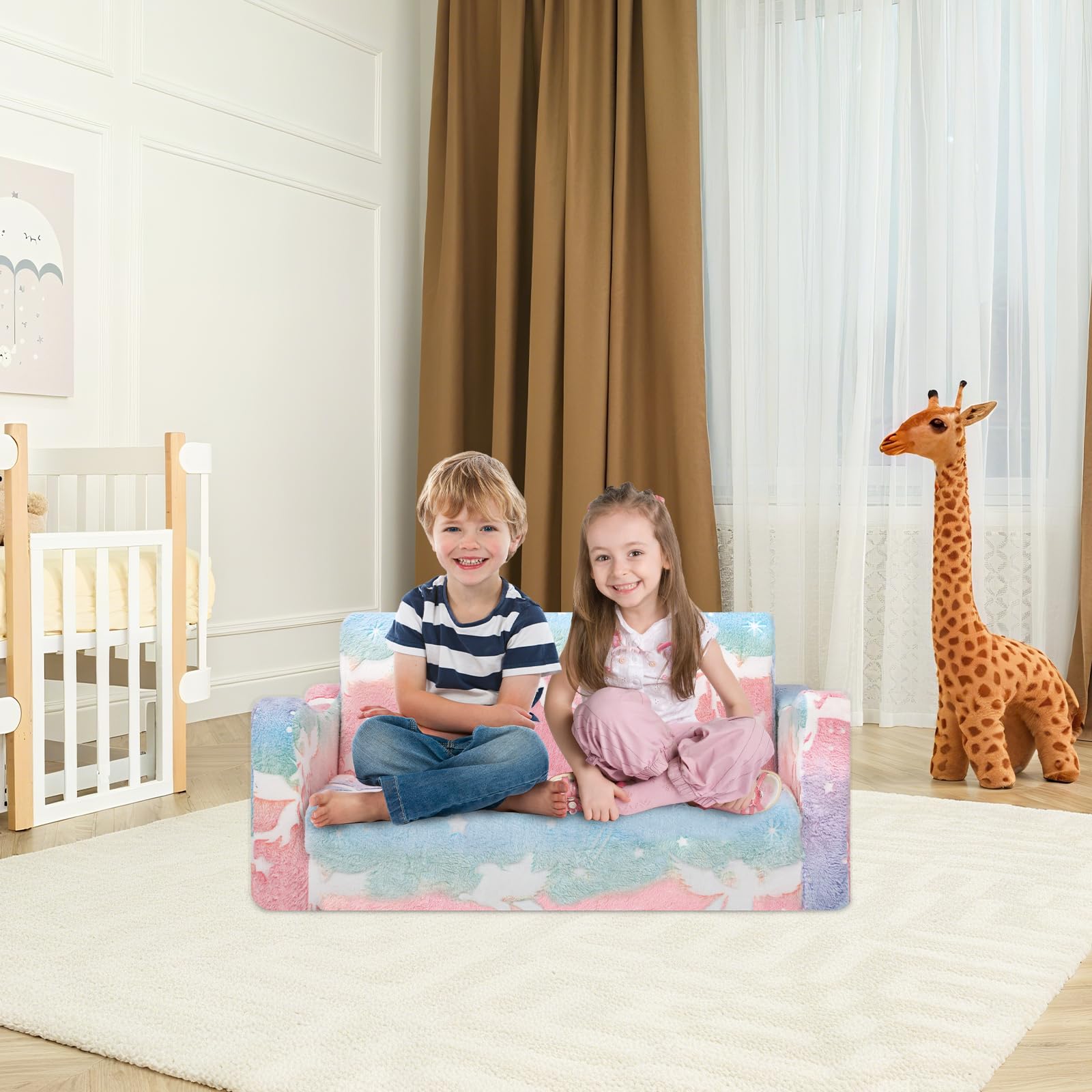 Einhorn Kindercouch ausklappbar 2-in-1, Extra Groß Kindersofa Das im Dunkeln leuchtet mit Schlaffunktion,Kindersessel für Kinder Kinderzimmer Spielzimmer
