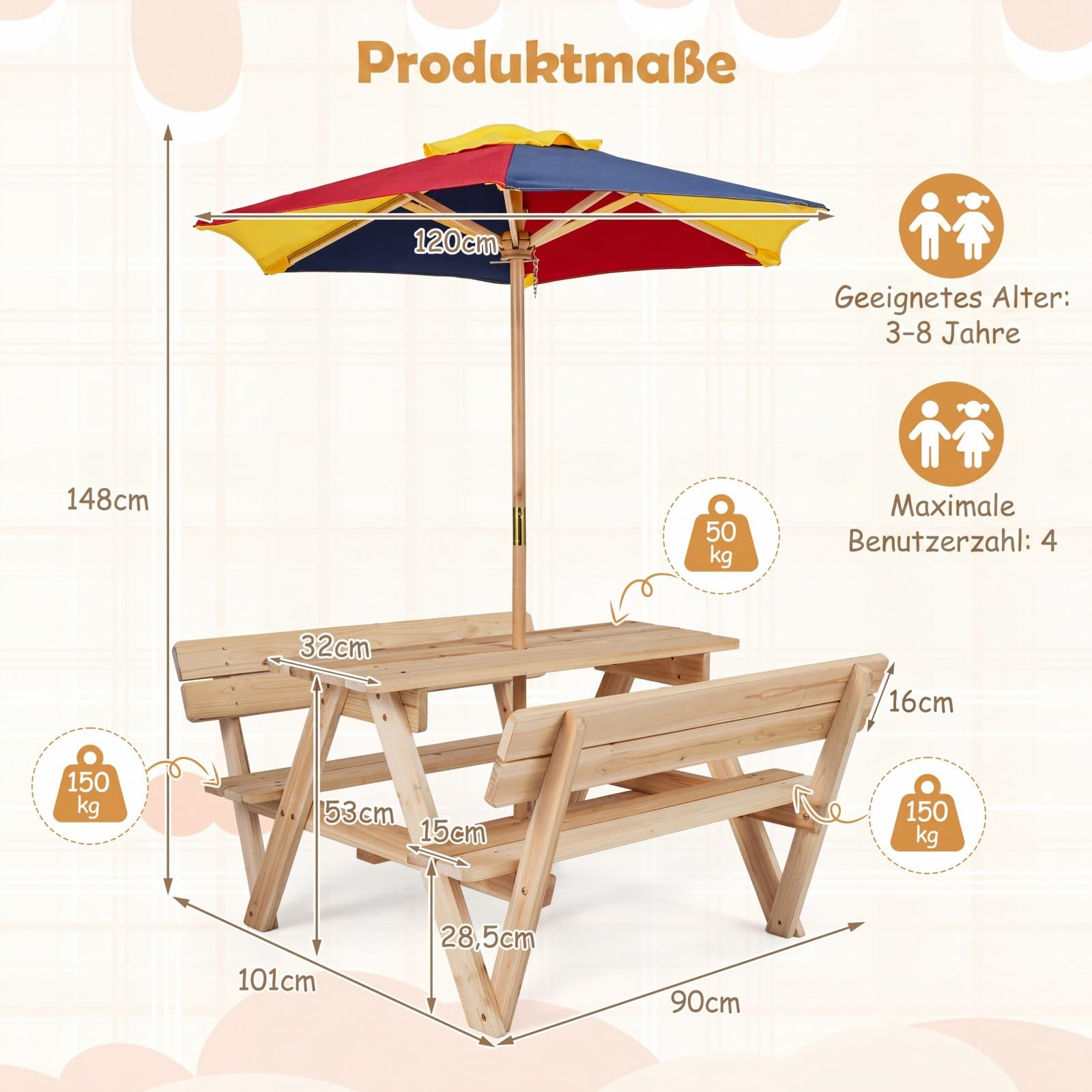 COSTWAY Kindersitzgruppe Outdoor mit Sonnenschirm, Picknicktisch Kinder mit Tisch & 2 Sitzbänken, Kindersitzgarnitur Garten für 4 Kinder, Sitzgruppe aus Tannenholz für Jungen & Mädchen ab 3 Jahren