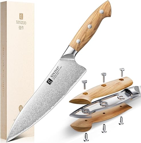 XINZUO Gyuto - Cuchillo de chef  Cuchillo de cocina de 8.3 pulgadas, 3 capas, núcleo de acero 10Cr15Comov, hoja de acero de alto carbono, cuchillo