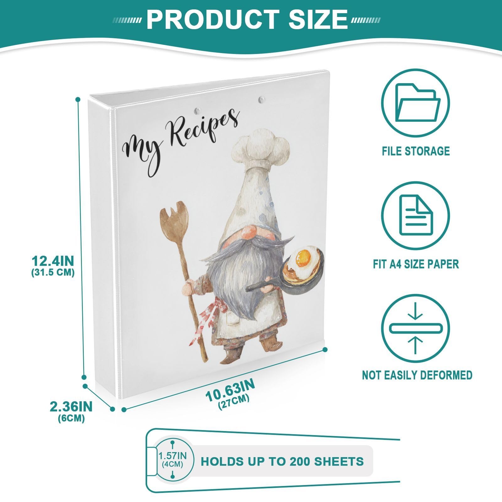 My Recipes - Raccoglitore per ricette con gnomo carino, 8,5 x 11 cm, 3 anelli, raccoglitore per ricette, raccoglitore per libri di cucina, con appunti e tasche, grande organizer per ricette