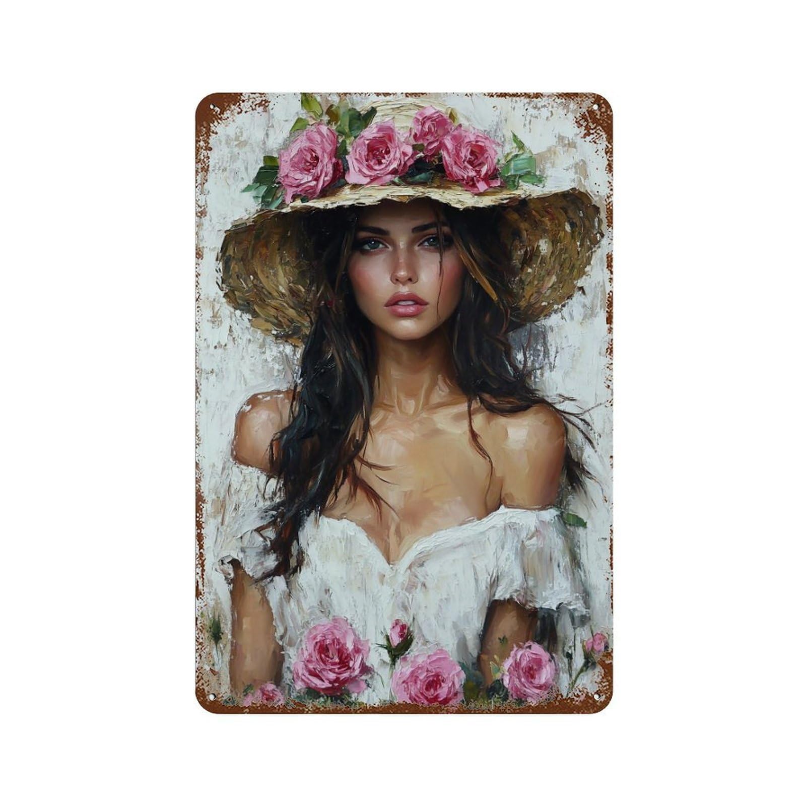 HDURYEYRYY Roses & Straw Hat Portrait 02 Wall Retro Iron Vintage Art Metal Tin Sign Poster Modern Home Cofffee Club Art Bar Shop Decor 30x20cm