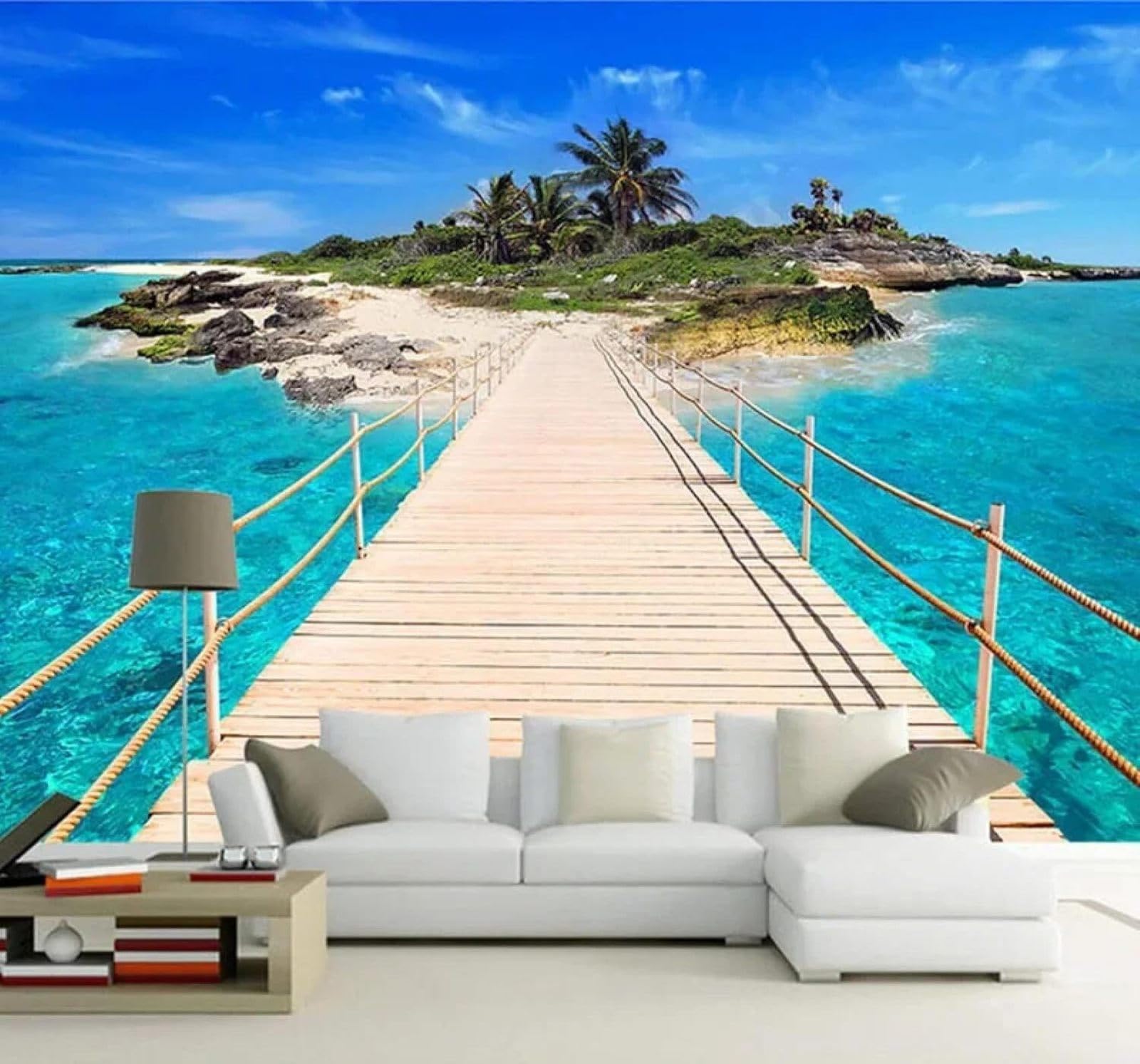 Tzxztt Blue Skies The Sea Islands Wooden Bridges Scenery Modern 3D Wallpaper Premium Textured Silk Neutral Tones Material Ideal for Living Room Bedroom-150cm×105cm