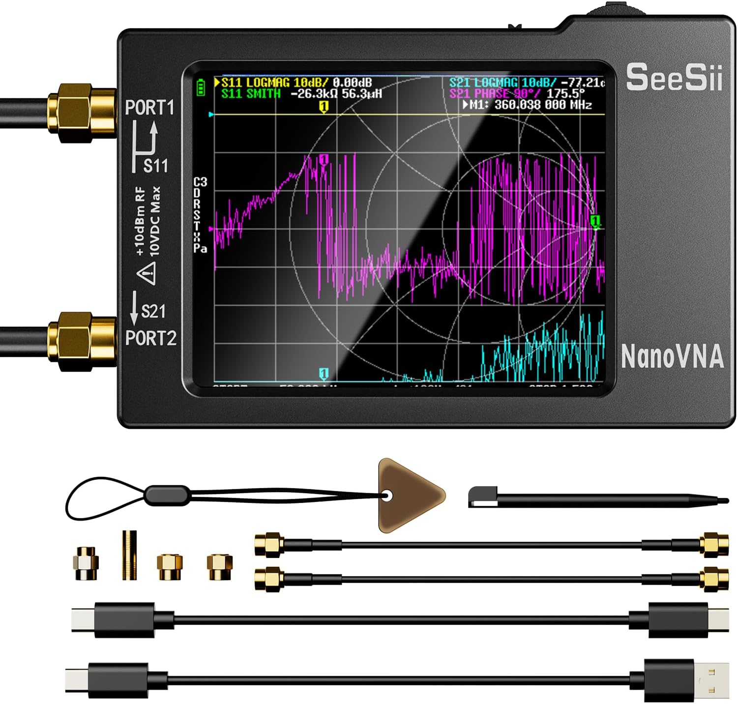 SEESII Nanovna-H Vector Network Analyzer,Upgraded HW3.7 9KHz-1.5GHz MF HF VHF UHF Antenna Analyzer, Measuring S Parameters, Voltage Standing Wave Ratio,Phase,Delay,Smith Chart,Support Data Storage