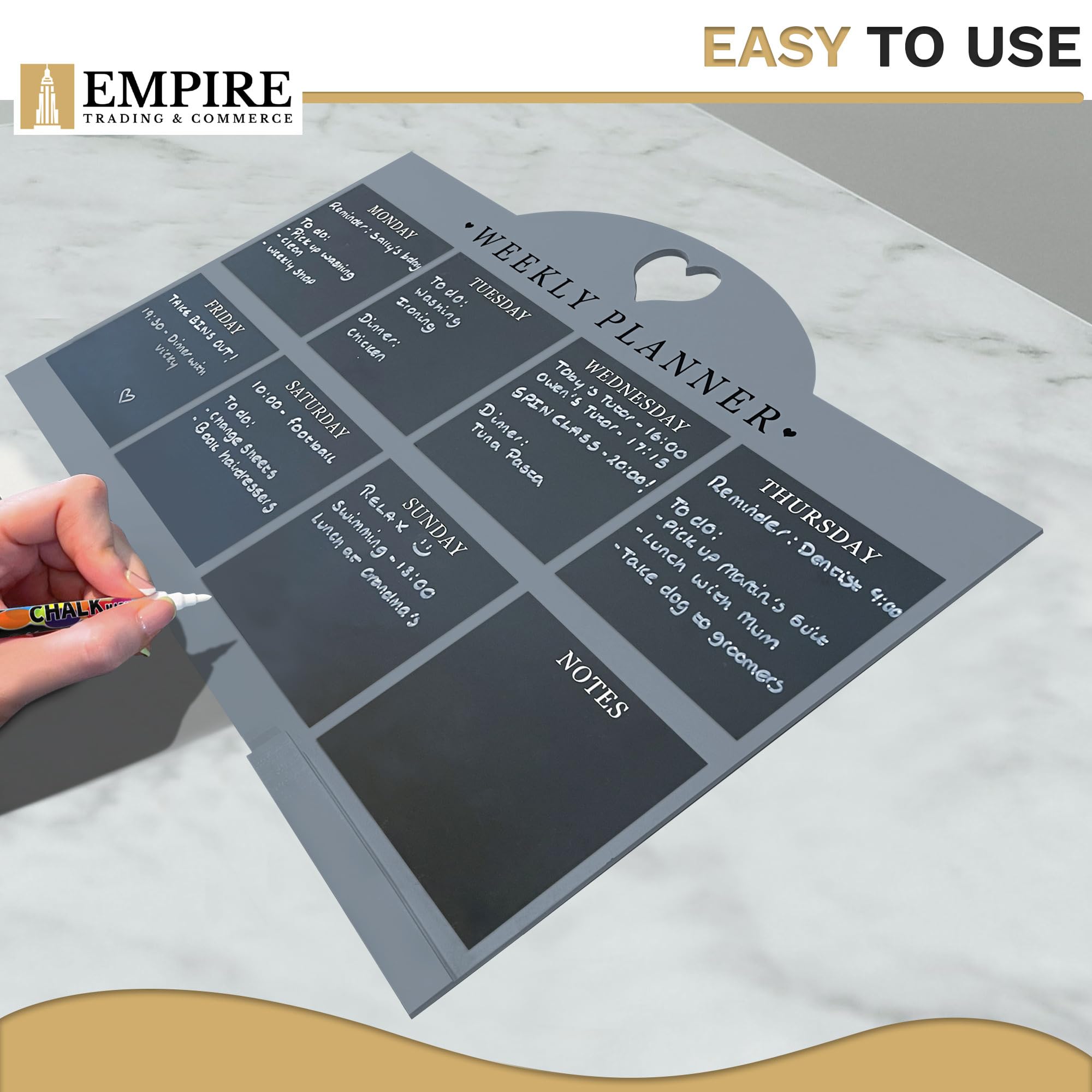 Empire - Agenda settimanale e menù per cucina, planner da lavoro, da parete, con penna, lista delle cose da fare, cancellabile a secco, con panno bianco, per ufficio e casa (standard, blu)