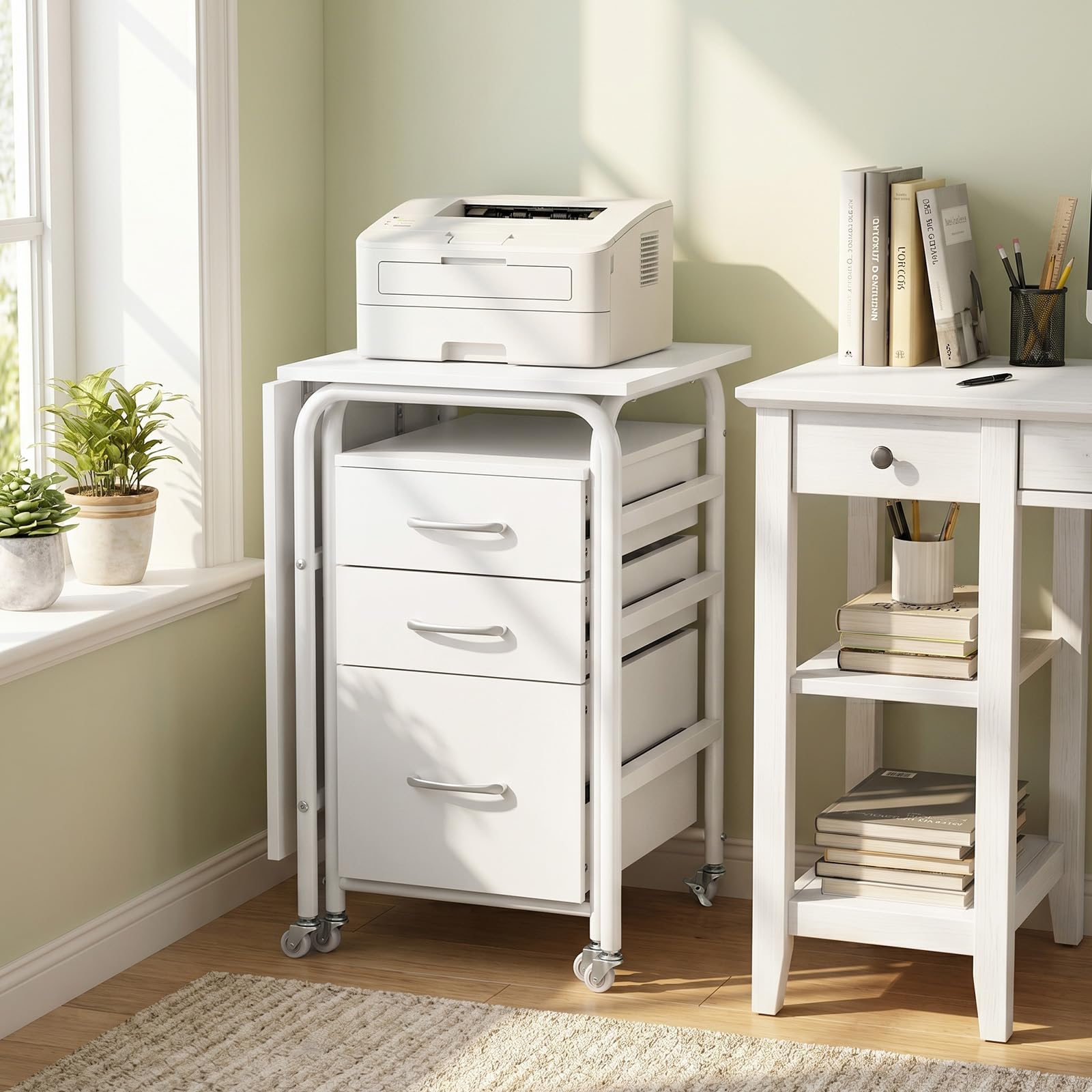 COSTWAY Scrivania Salvaspazio con 3 Cassetti e Ruote Bloccabili, Scrivania Porta PC Pieghevole con Struttura in Metallo per Studio e Ufficio, 105 x 50 x 75 cm, Portata 100 kg (Bianco)