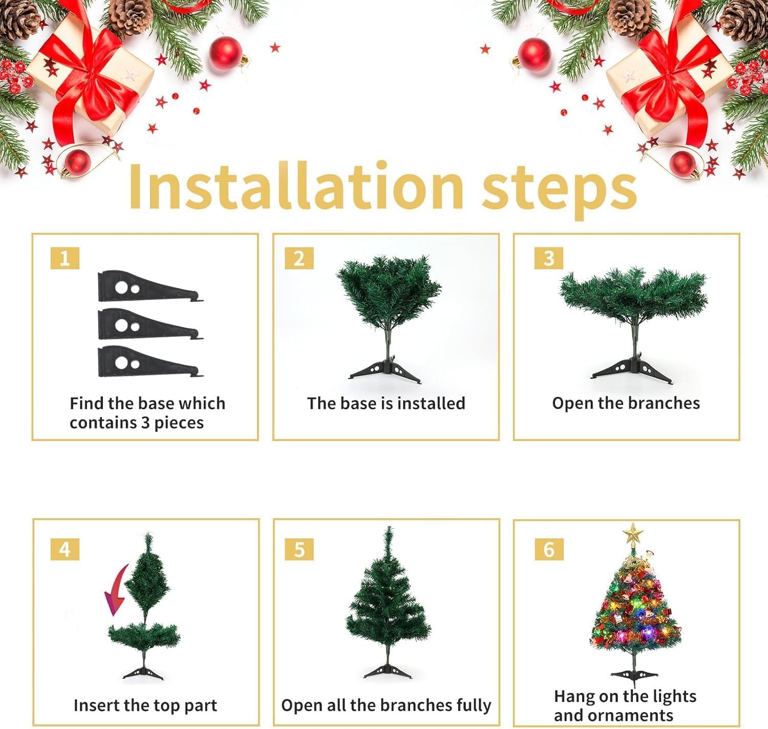 Sapin De Noël De Table 60 Cm Avec Guirlande LED - Artificiel, Décorations Incluses, Piles AA
