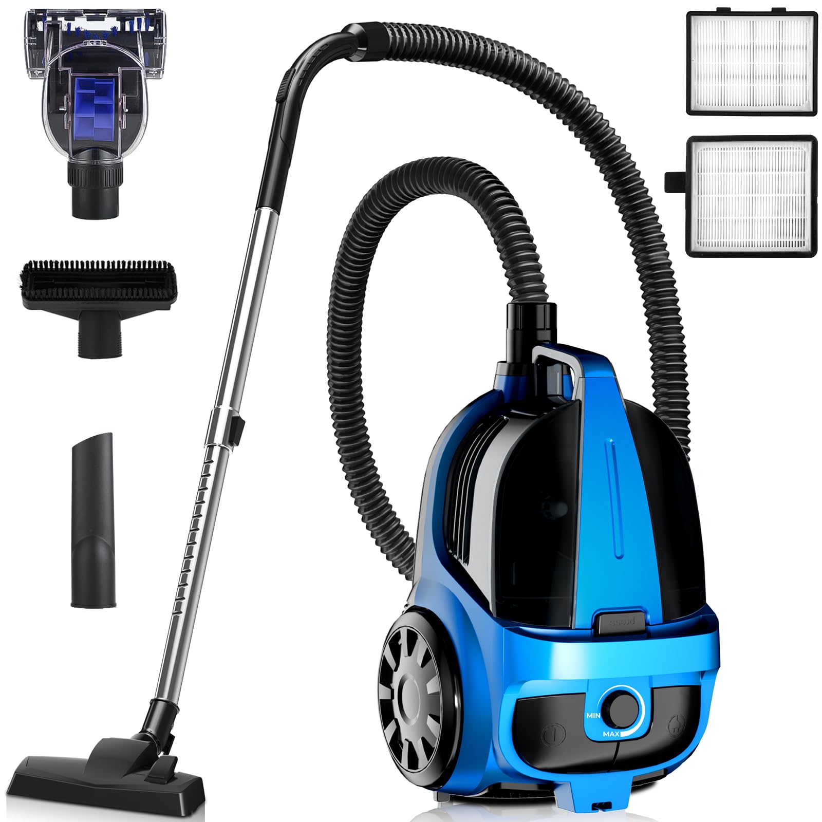 Canister Vacuums 45Kpa 1600W Canister Vacuum Cleaners for Home Double HEPA Filter 4.5Qt Bagless Vacuum Cleaner Lightweight Canister Vacuum Cleaner for Hard Floors Carpet Pet Upholstery Tiles Car Blue - 2