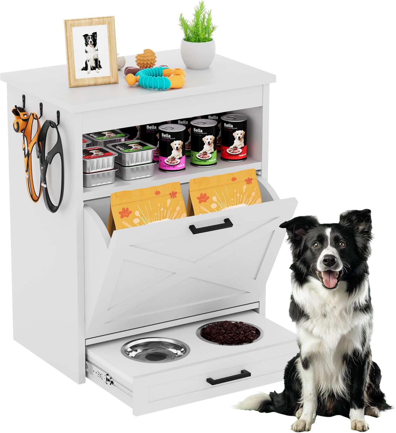 Modern Dog Food Storage Cabinet with 2 Elevated Doggy Bowls, Pet Feeding Station with Organizer, Tilt Out Pet Food Cabinet Furniture, White Modern Dog Food Storage Cabinet with 2 Elevated Doggy Bowls, Pet Feeding Station with Organizer, Tilt Out Pet Food Cabinet Furniture, White
