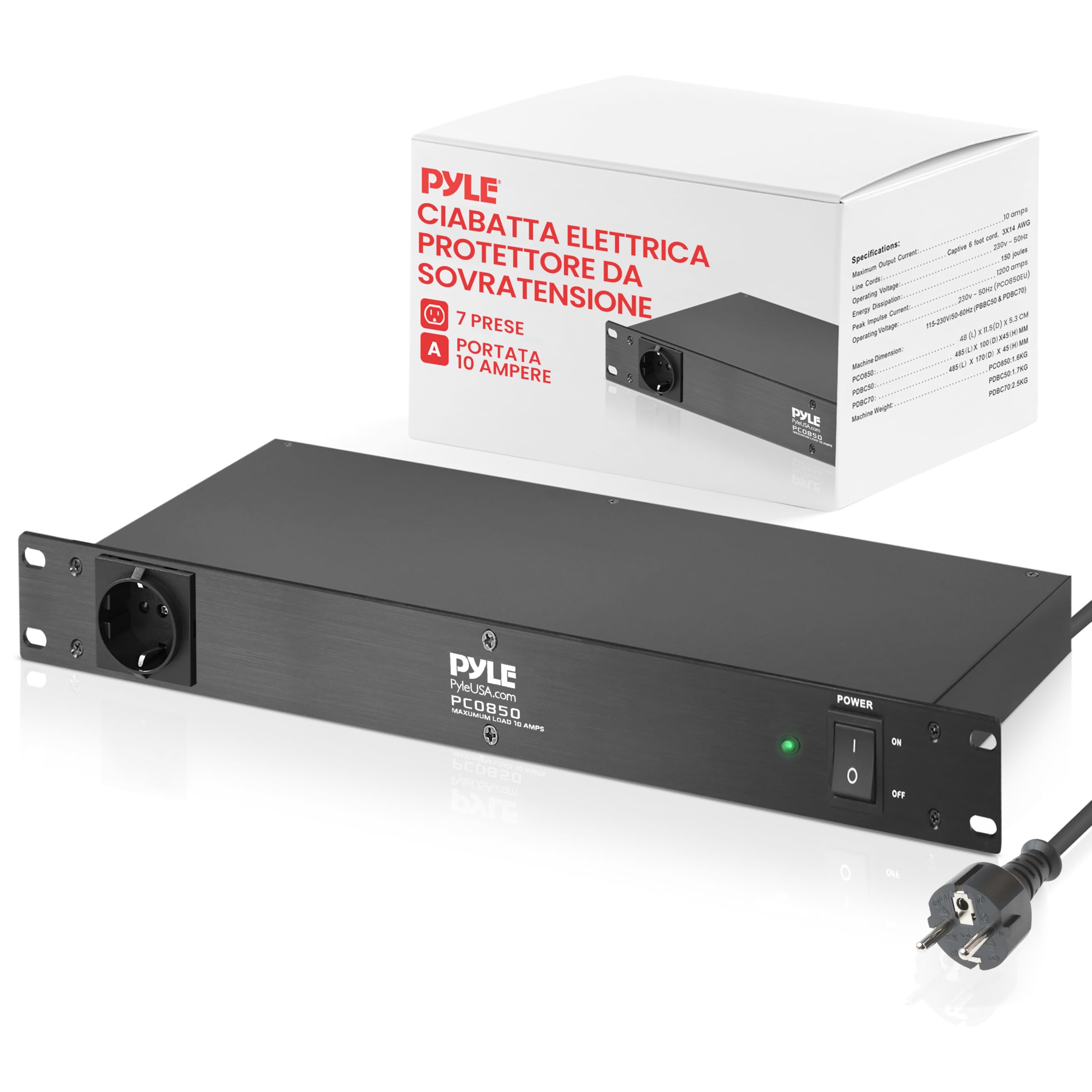 Pyle Multipresa PDU, Protezione Sovratensione, 150 Joule 15 A 7 Prese, Cavo Elettrico Robusto, 1U Rack Montaggio, Barra di Alimentazione con Filtro AC
