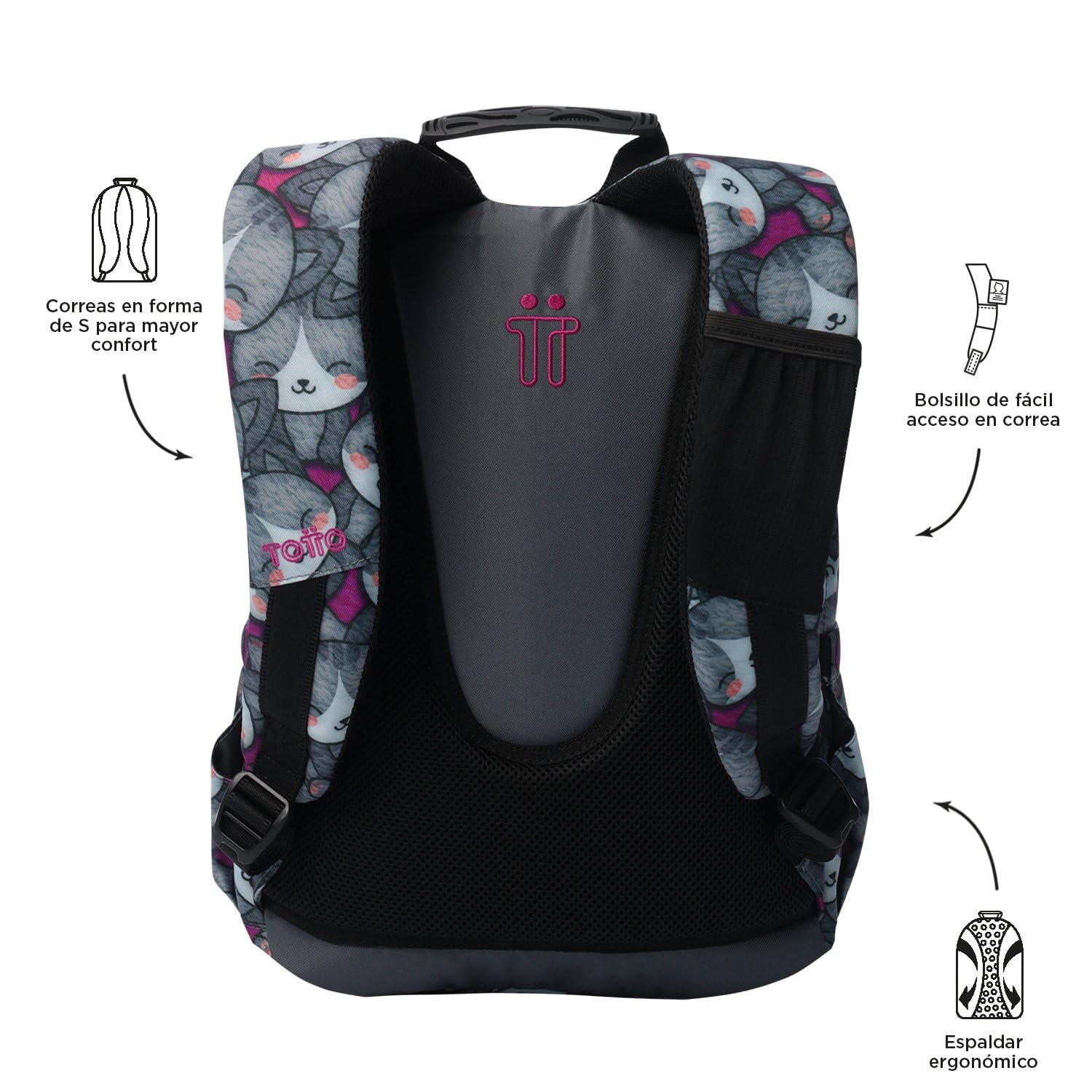 TOTTO - Mochila Escolar, Modelo Gommas, Mochila Mediana, Capacidad 15 L, Bolsillo para PC 14", Bolsillo Botella, Espaldar Ergonómico con Flujo de Aire, Cómodas Correas en S, Estampado Kitten Rose