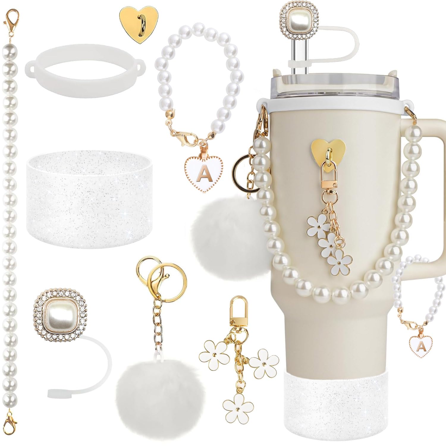 Stanley Cup Accessories Set, Shinning Cup Boot, White Pearl Water Bottle Handle Strap & Pearl Straw Cover, Keychain Charms Tumbler Decorations for