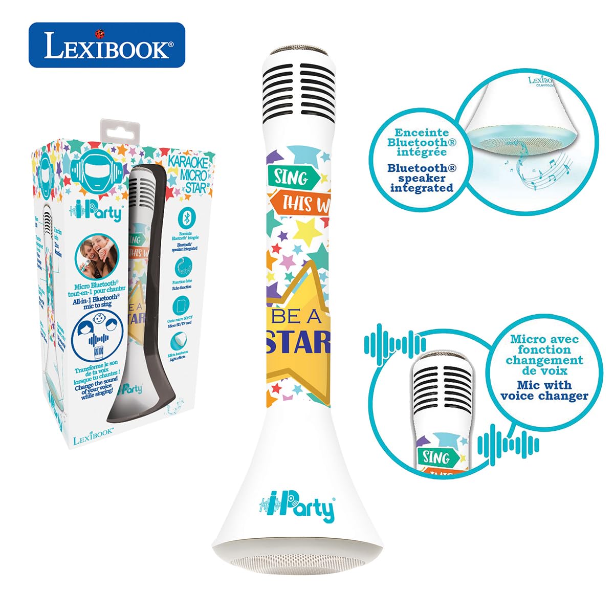Lexibook iParty Karaoké Micro Star Bluetooth®con Funzione commutatore vocale, Microfono per Canto, Altoparlante Luminoso Incorporato 5W, Ingresso Micro SD, Bianco/Blu, MIC210LXB