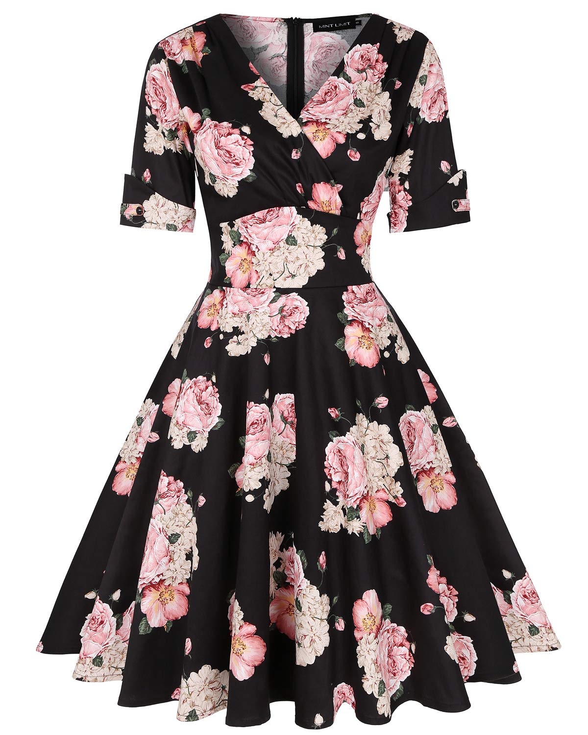 MINTLIMIT Women's Rockabilly 50s Vintage Floral Deep V Neck Cocktail Swing Dress(Floral Black,Size XL)