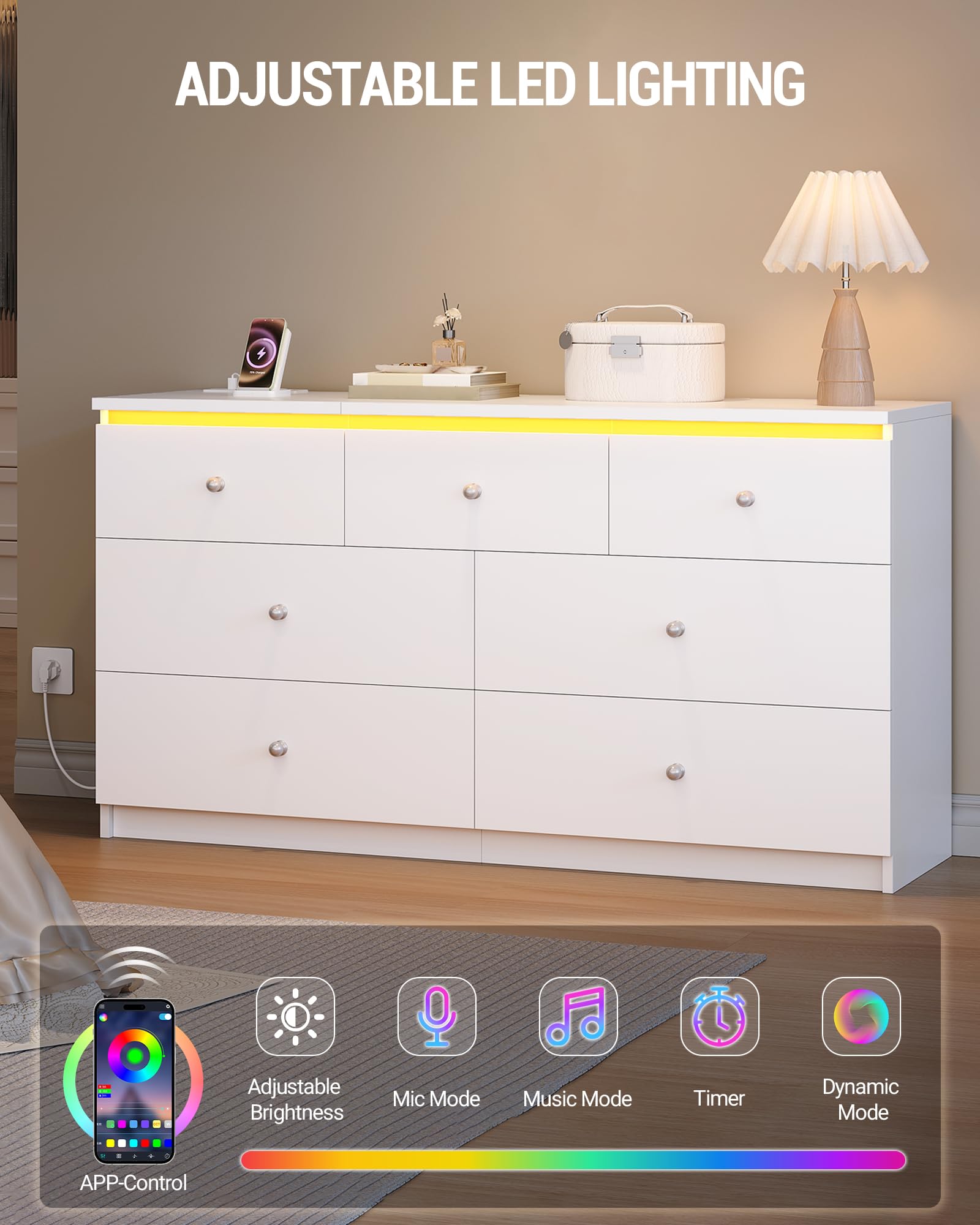 Hzuaneri Cassettiera con 7 Cassetti, Cassettiera con LED e Presa Multipla