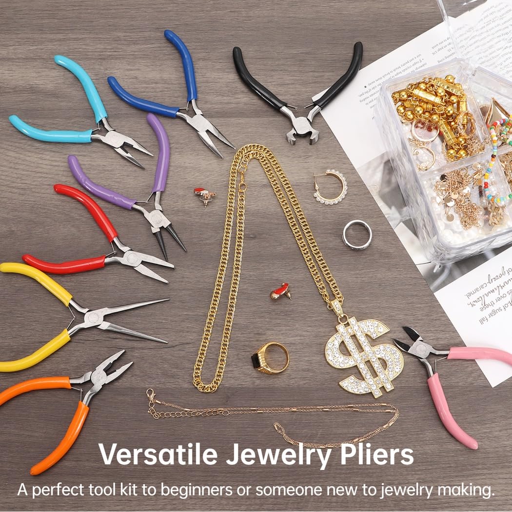 8 pinces de bijouterie, kit d'outils pour création de bijoux, set assorti avec sac de rangement, pour réparation de bijoux, enroulage de fil et loisirs créatifs