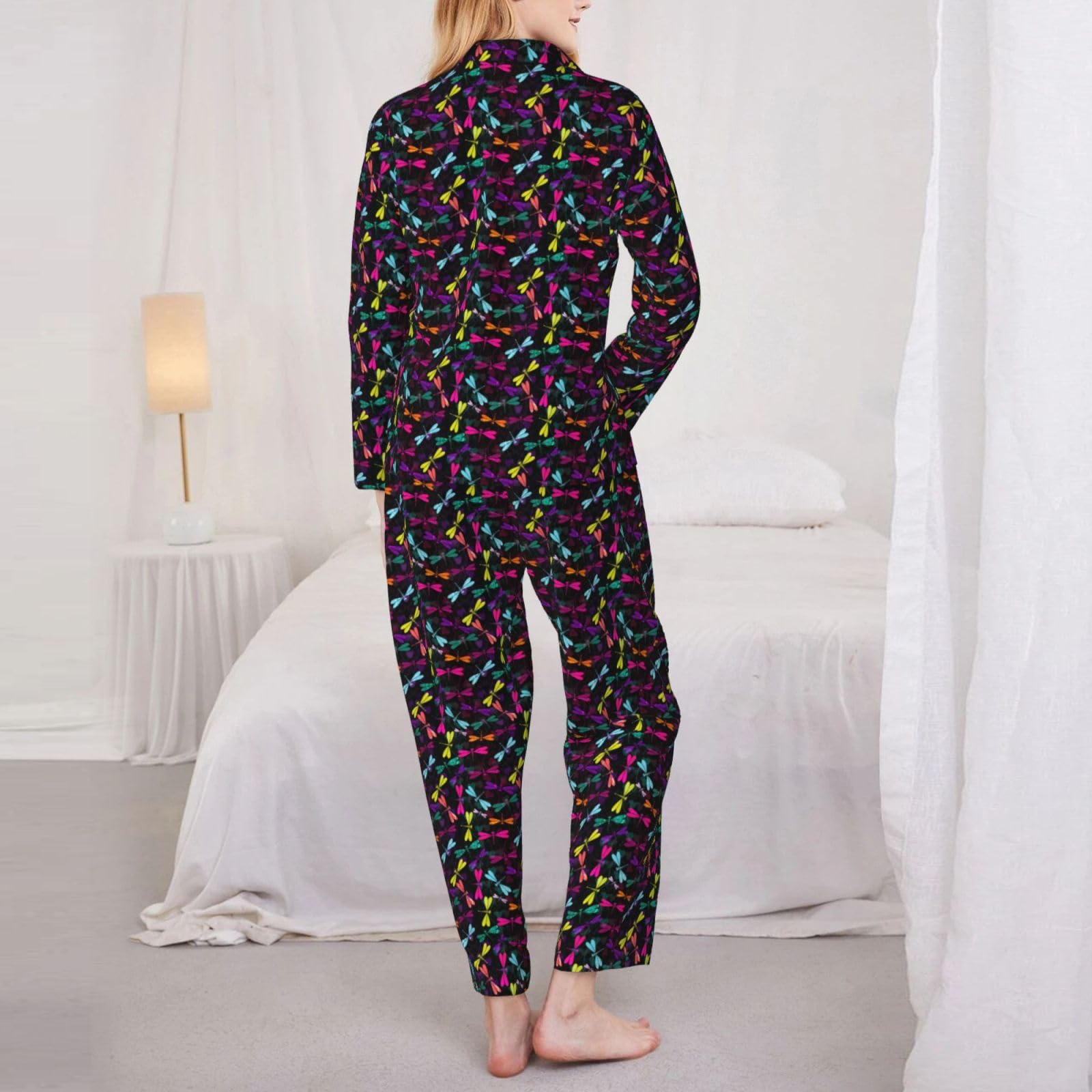 Pigiama da donna a maniche lunghe con stampa libellula carina set pigiama morbido lounge pigiameria fine notte fine settimana, Nero , L