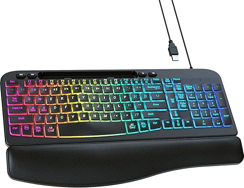 VEILZOR Teclado ergonómico retroiluminado con reposamuñecas, teclado de computadora con cable USB de 7 colores, teclas onduladas, con soporte para