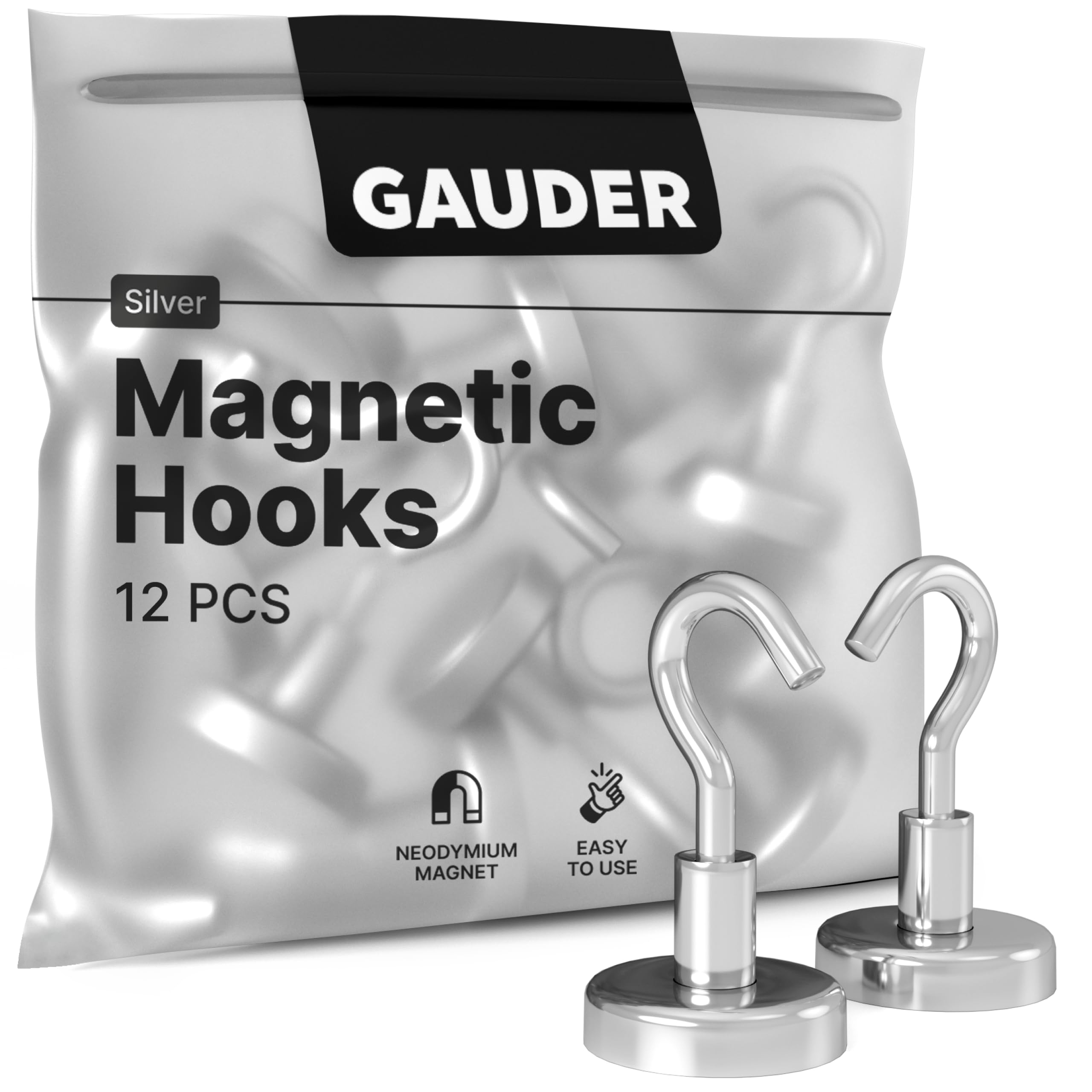 GAUDER Strong Magnetic Hooks | Neodymium Hooks for Fridges and Whiteboards | Silver Magnets for Hanging