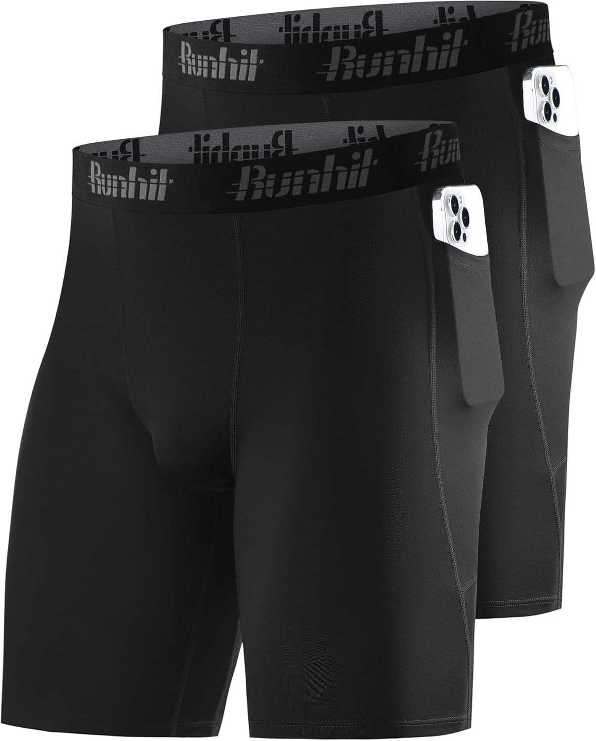 Runhit 2 Pack Mens Compression Shorts with Pockets 9" Performance Spandex Underwear Sport Athletic Workout Running Base Layer