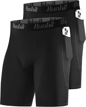 Runhit 2 Pack Mens Compression Shorts with Pockets 9" Performance Spandex Underwear Sport Athletic Workout Running Base Layer