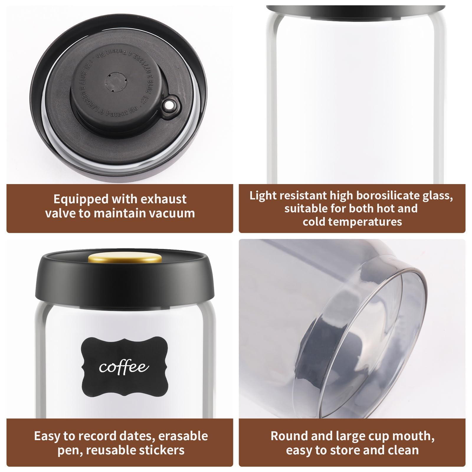 Bote Hermetico para Cafa en Grano 1,8 L, Recipiente de Vidrio con Tapa Negra y Boton Dorado de Vacio, Recipiente Café para Guardar Como Lata Aromática, Café, Té, Nueces y Reservas — view 2