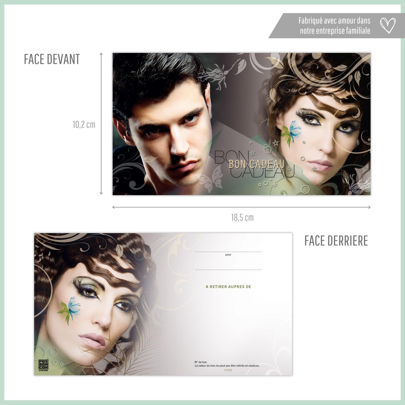 POS BON - 100 bons cadeaux à remplir avec enveloppe/nœud ruban - formulaires imprimés pour des salons de coiffure K1706F2-100-V1