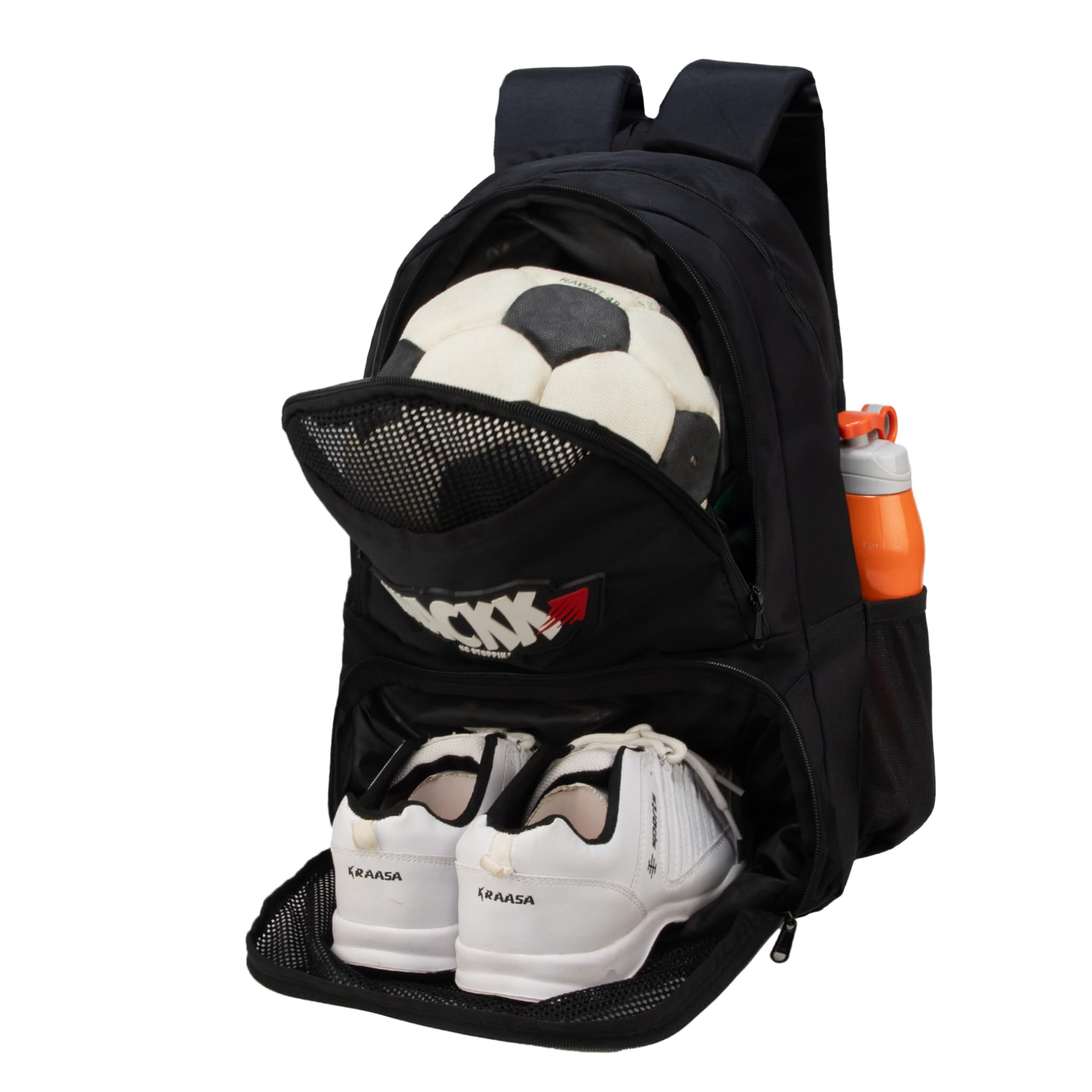 Whackk Strike Black 32L Football Basketball Volleyball Kitbag Shoe Ball Separate Pockets Equipment Bag Backpack|Soccer Bag|Boys Kids Adult Men|Mesh Shoe Ball Pocket|Bottle Holder| Easy Access Pocket