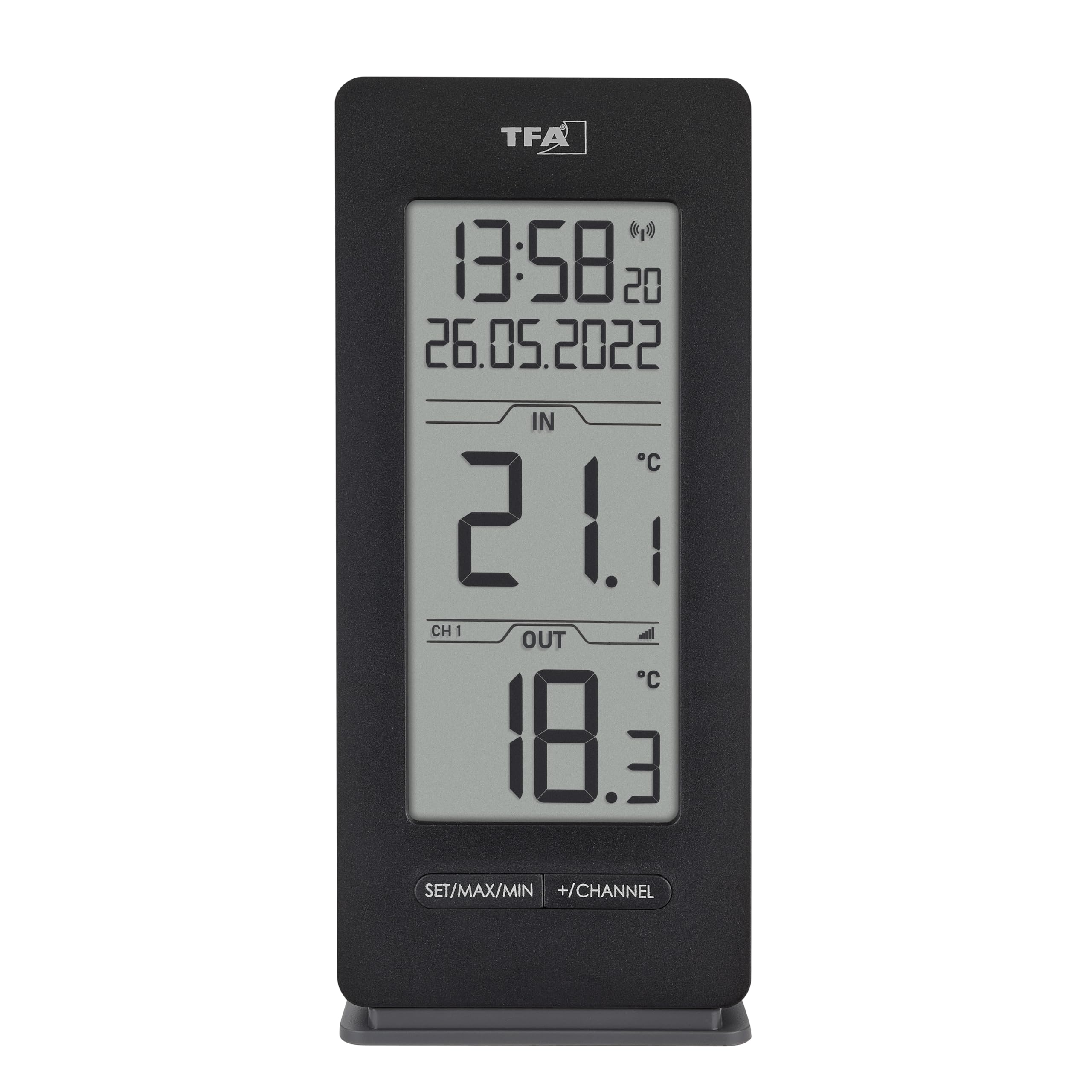 TFA Dostmann Termometro Wireless per Interni ed Esterni 30.3072.01.90, con sensore esterno, Orologio e Data, Funzione Max-Min, Senza Fili, Nero