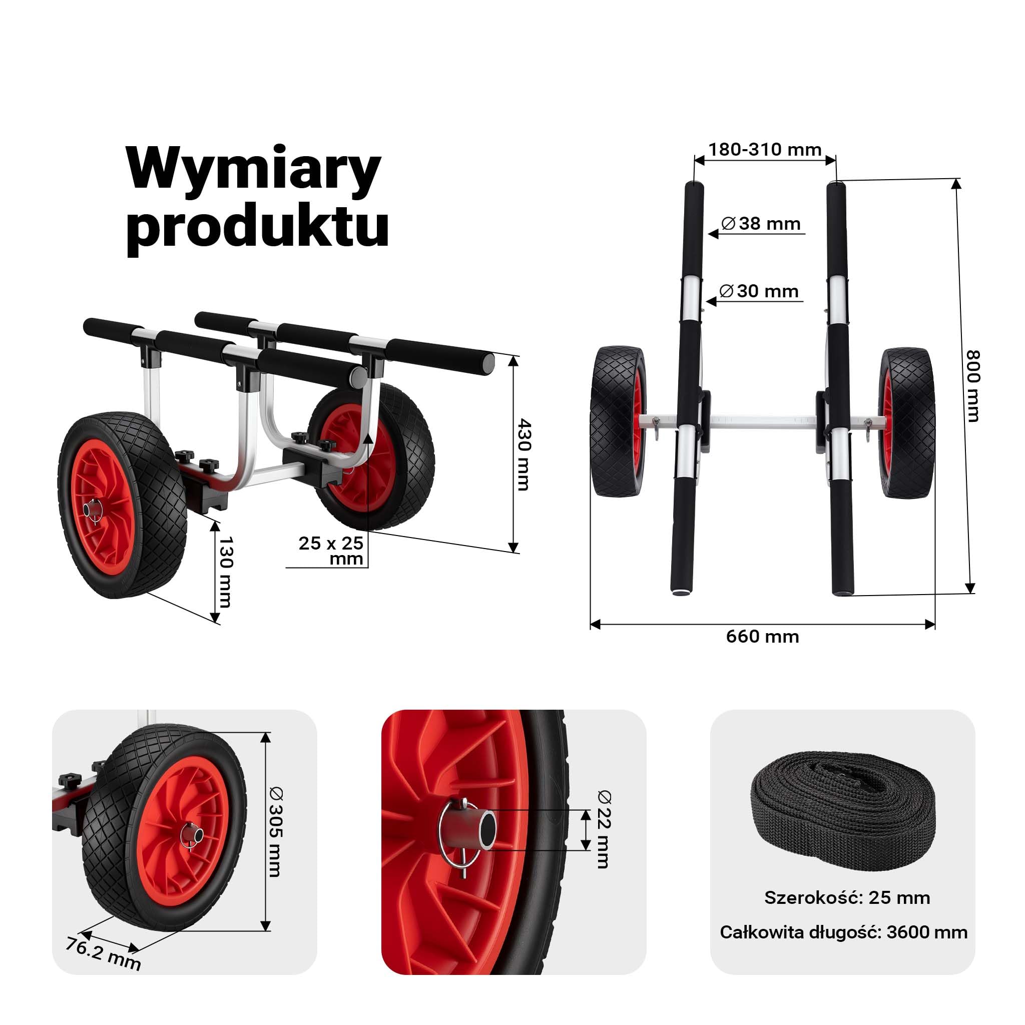 Regulowany aluminiowy wózek kajakowy Wiltec do 90 kg, wózek transportowy do łodzi, kajaków i kanoe, wózek surfingowy z poduszkami, kółka i paski PU ⌀31 cm