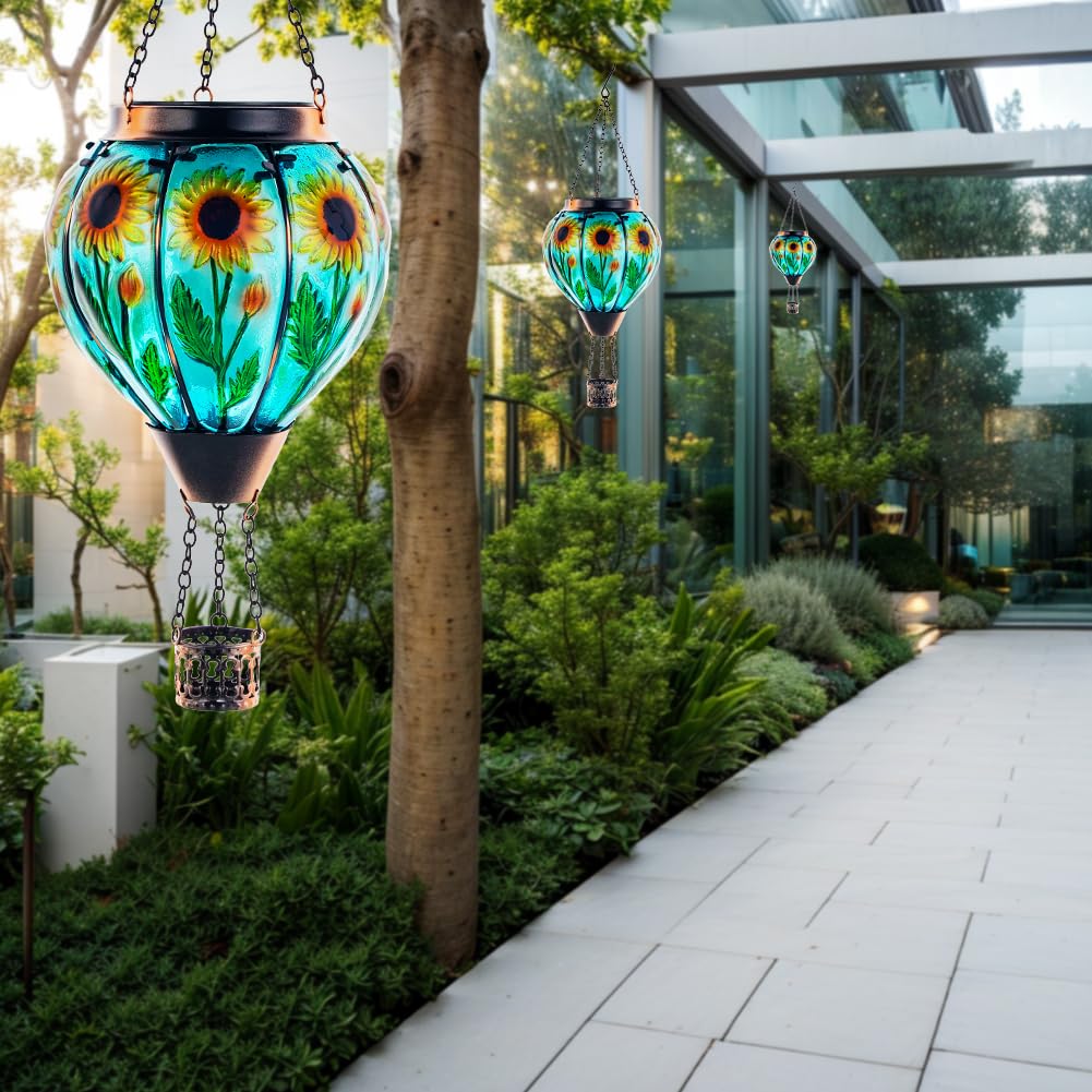 Starsoul 2 pz girasoli mongolfiera lanterna solare con fiamma vetro appeso all'aperto mongolfiera luce solare impermeabile giardino patio cortile decorazioni per feste