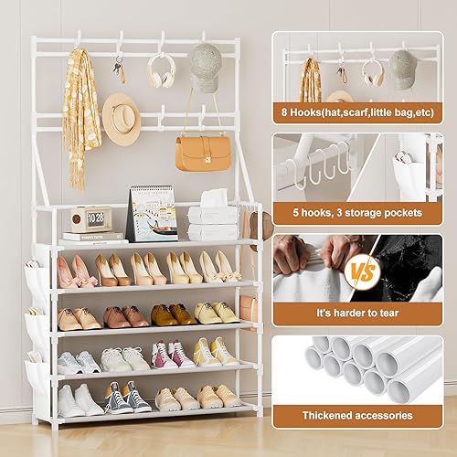 Miniatura 6 de OYREL Zapatero de 5 niveles, organizador de zapatos de 20 a 25 pares para armario, entrada, estante de almacenamiento de zapatos con ganchos y