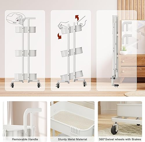 Vista 26 de DTK Carrito plegable de 2 niveles, carrito utilitario de metal con ruedas bloqueables, carrito de almacenamiento plegable para sala de estar, Negro