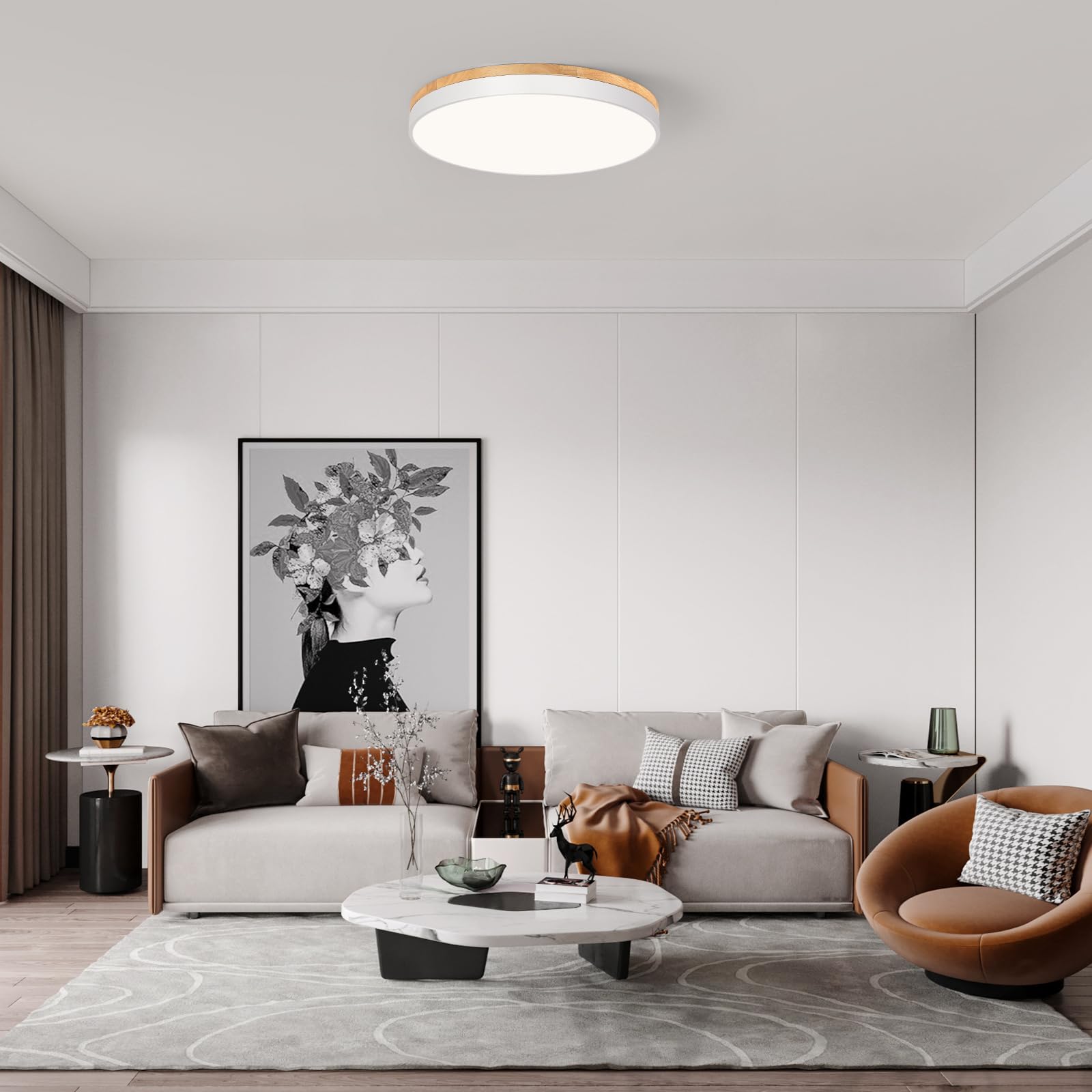 Plafon Led Techo, Plafon Techo Blanco, 4000K, 48W, Ø50 cm | Moderna Lampara Techo Madera, para Dormitorio, Sala de Estar, Comedor, Cocina, Pasillo