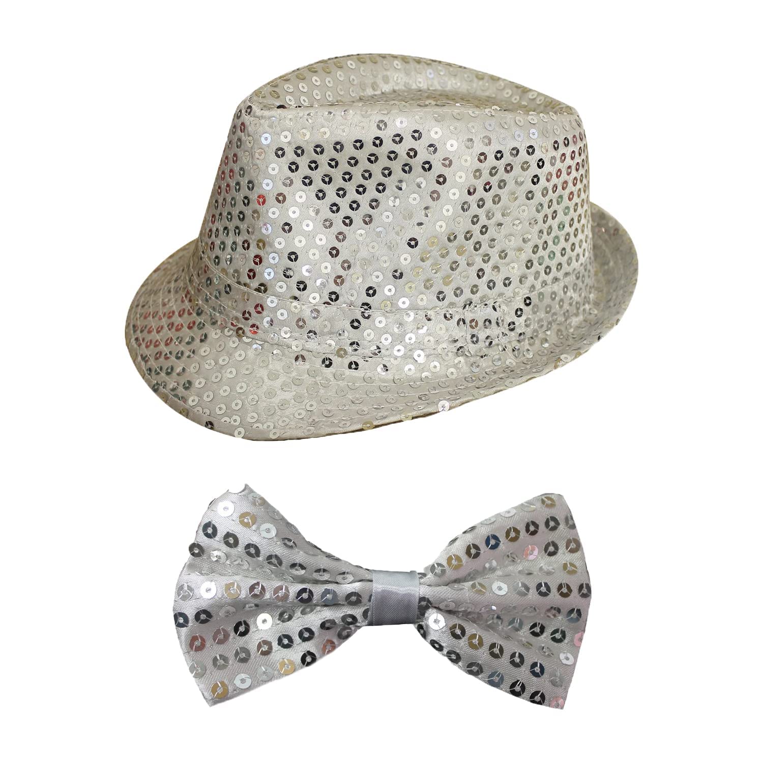 2 Piece Adults Silver Hat & Bowtie Set - Sequin Fedora Hat & Sequin Bowtie - Perfect for Dance Shows, Stage Shows & Fancy Dress Events
