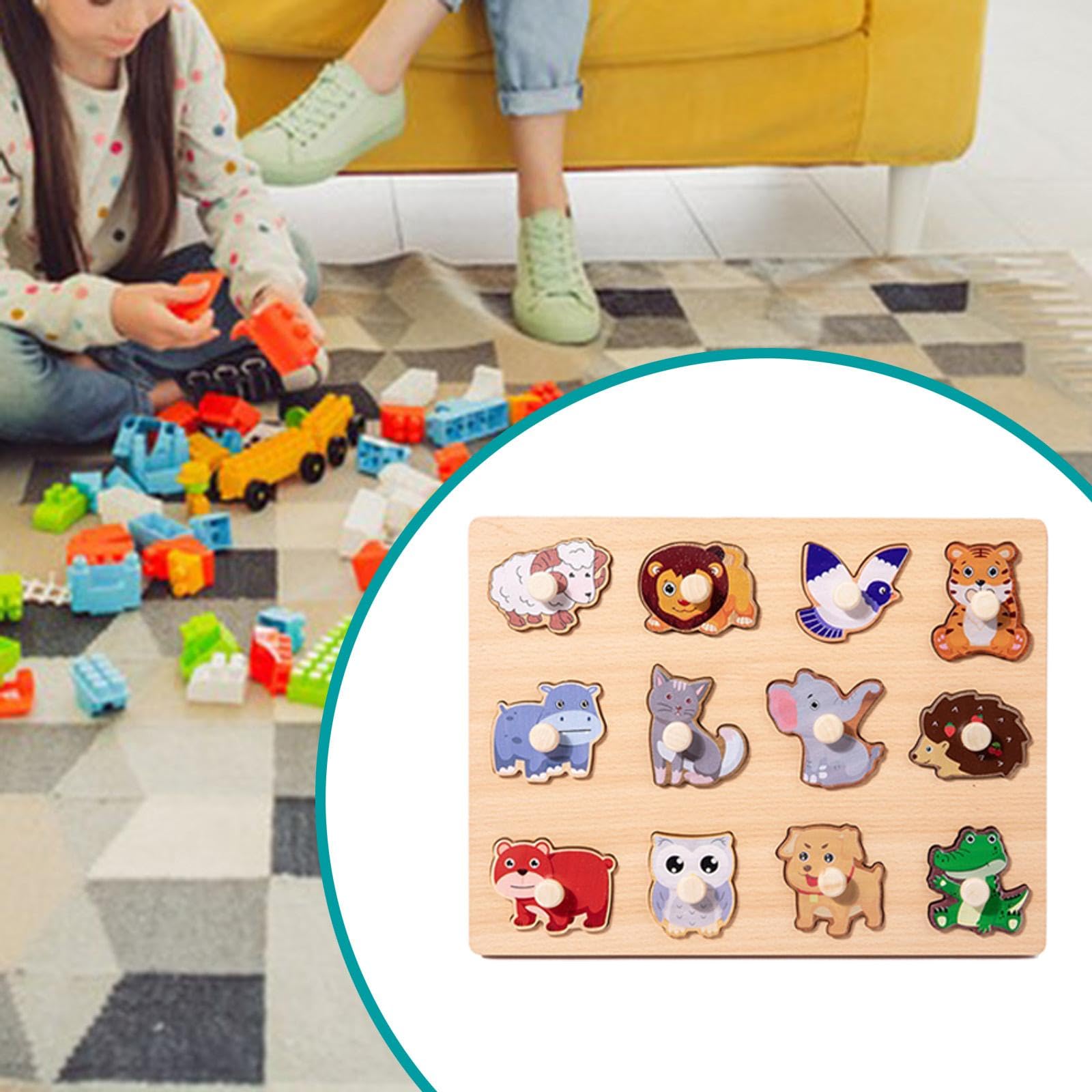 Puzzle di Apprendimento Tavola Forme in Legno Puzzle Bambini Cartone Animato Puzzle Prescolare con Peg Sviluppo Motricità Fine Adatto per Bambini Raga, Animale