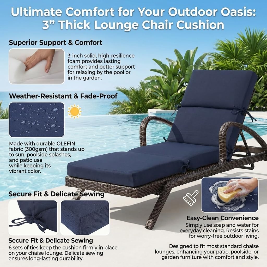 3" Solid Outdoor Lounge Chair Cushion, 74 x 22.5 inch Weather Resistant Chaise Lounge Cushion with 6 Ties for Patio Pool Furniture