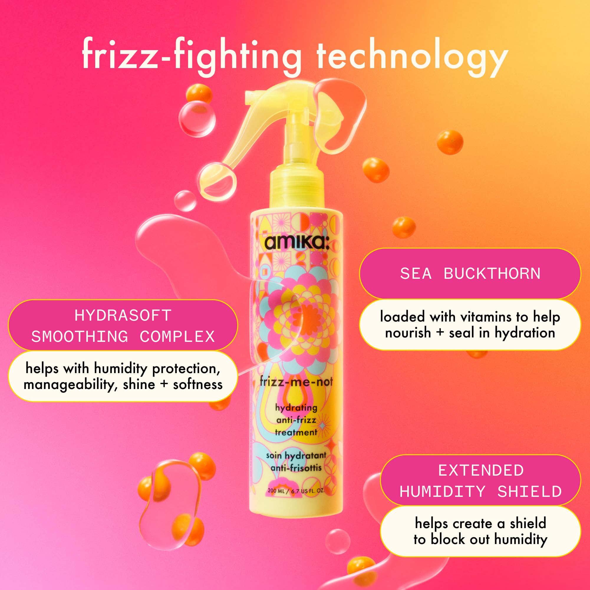 amika frizz-me-not hydrating anti-frizz treatment | lightweight hydrating spray for medium to thick coarse hair types 2a-4c, humidity + heat protection, smooth frizz for up to 3 days