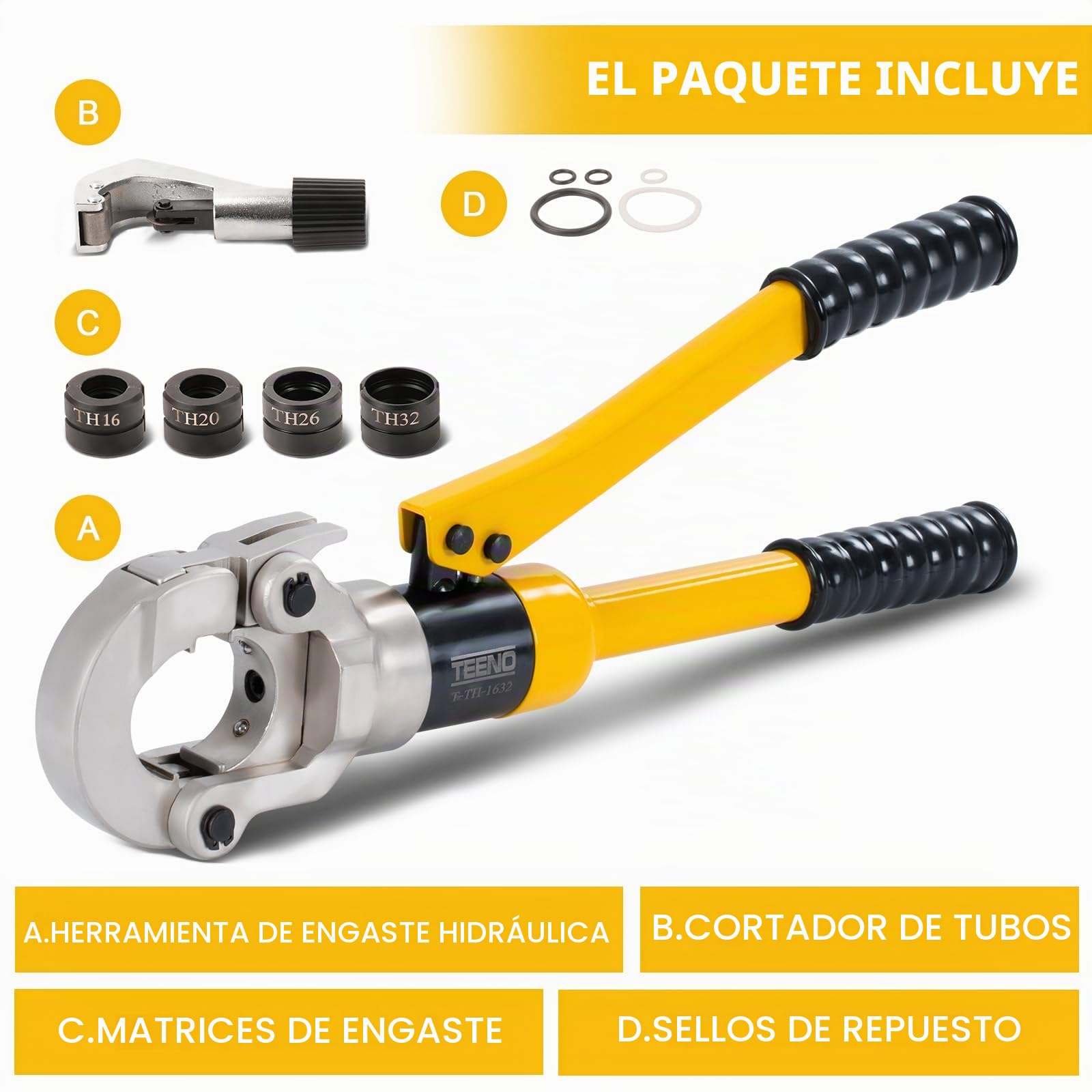 Alicates Prensadores de Tuberías TEENO(100 kn), Prensa Multicapa Manual con Cortatubos, Crimpadora Hidráulica Multicapa para tubo compuesto con accesorios de contorno TH16, TH20, TH26, TH32, 360°