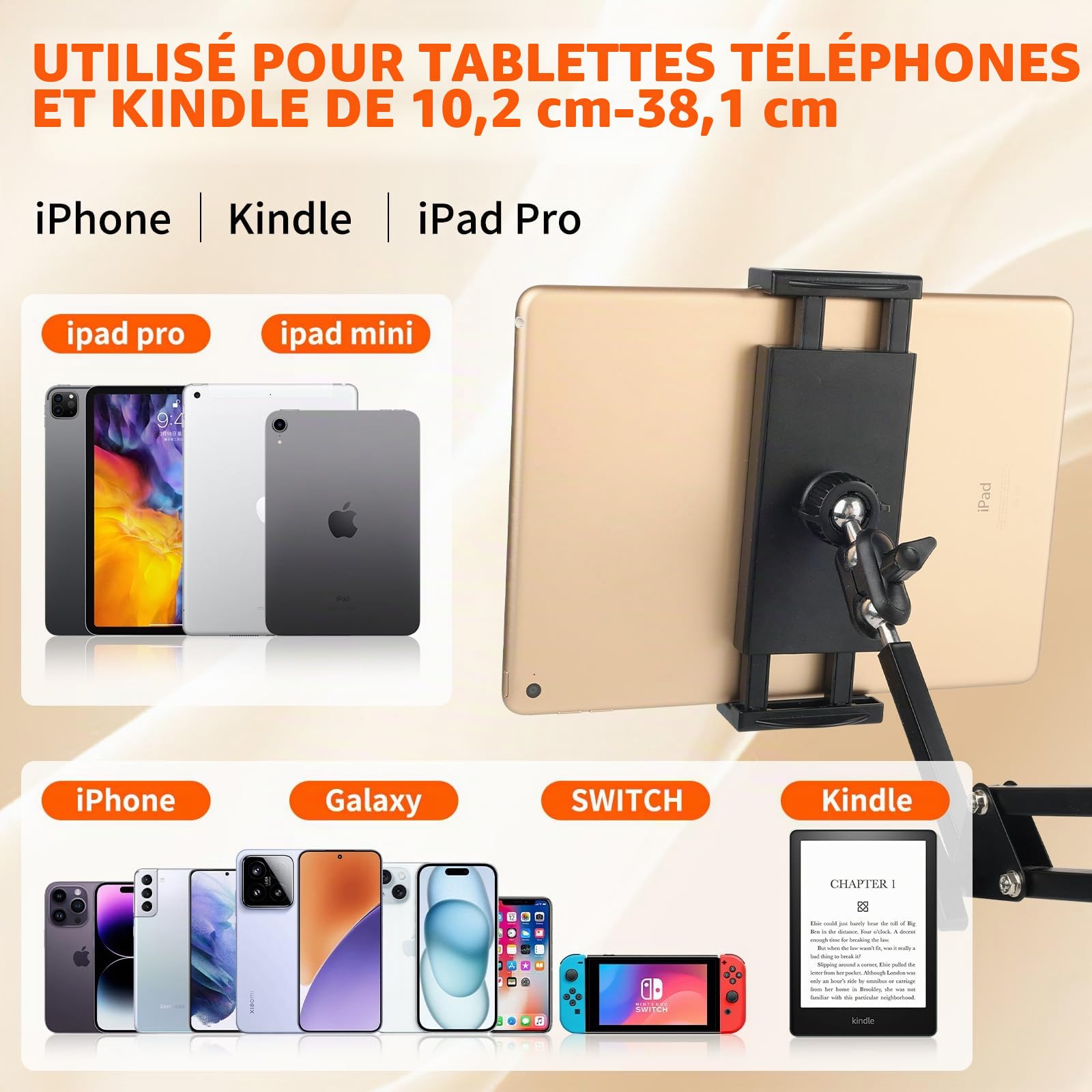 Support de tablette mains libres pour lit avec bras long réglable – Support pliable en métal pour Kindle, tablettes, iPad et téléphone portable, design caché, n'endommage pas les meubles (NB