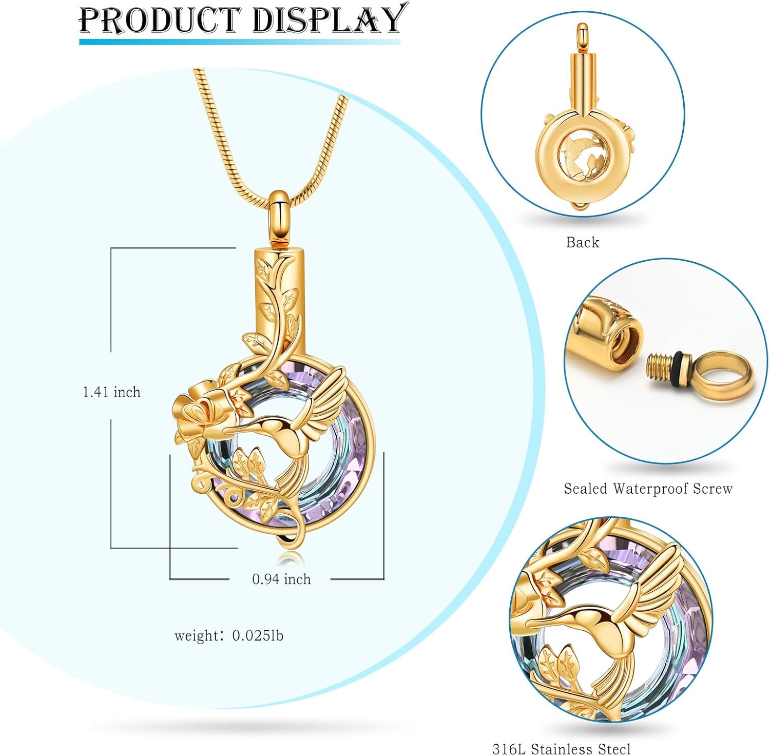 Hearbeingt Hummingbird Urn Necklaces for Ashes Circle Crystal Cremation Jewelry for Women Men Memorial Necklace Ash Holder for Human Pets Keepsake Jewelry for Loved Ones with Fill Tool - Image 2