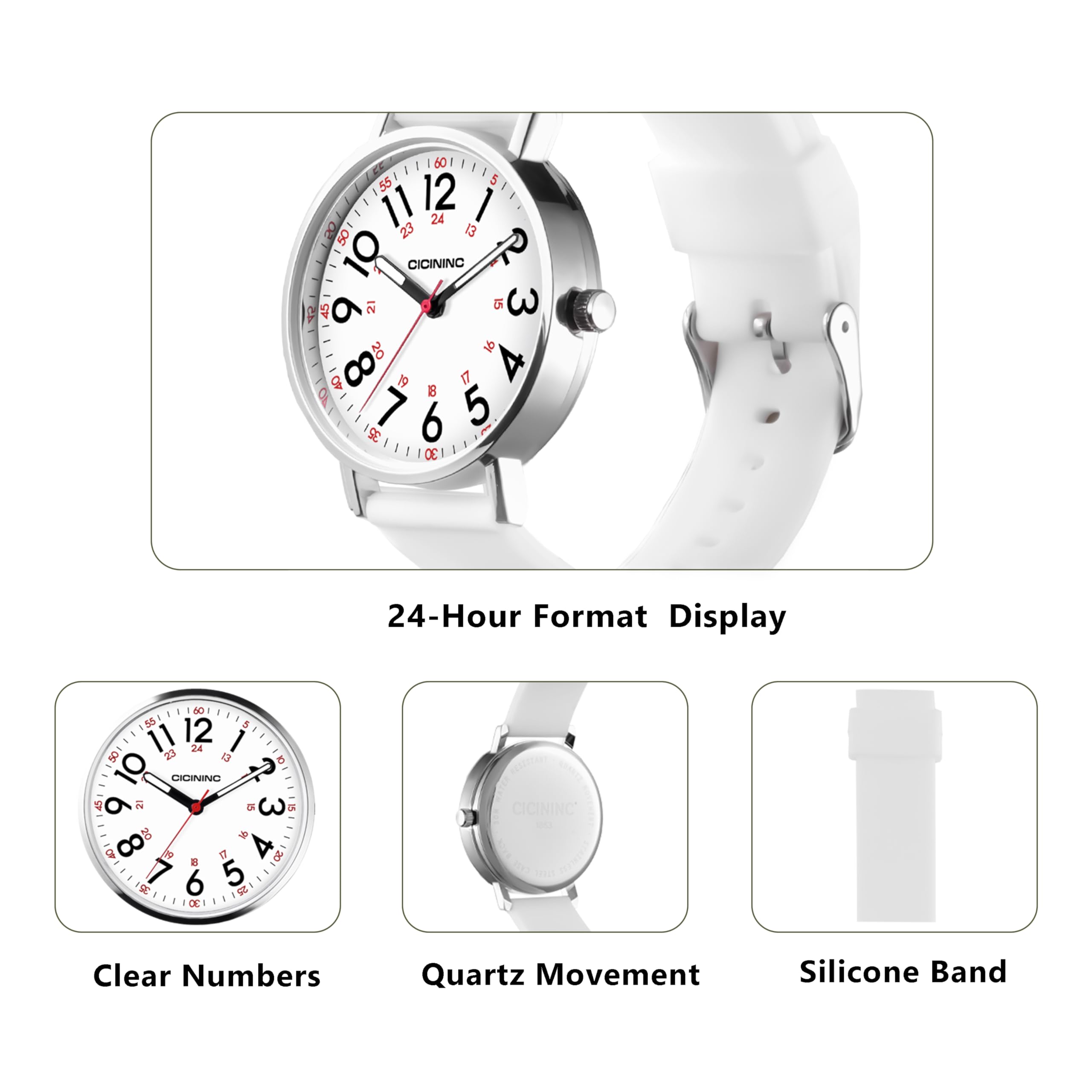 Nurse Watch for Medical Professionals Students Women Men, Analog Nursing Watches with 12/24 Hour Military Time, Second Hand, Easy to Read, Colorful Silicone Band