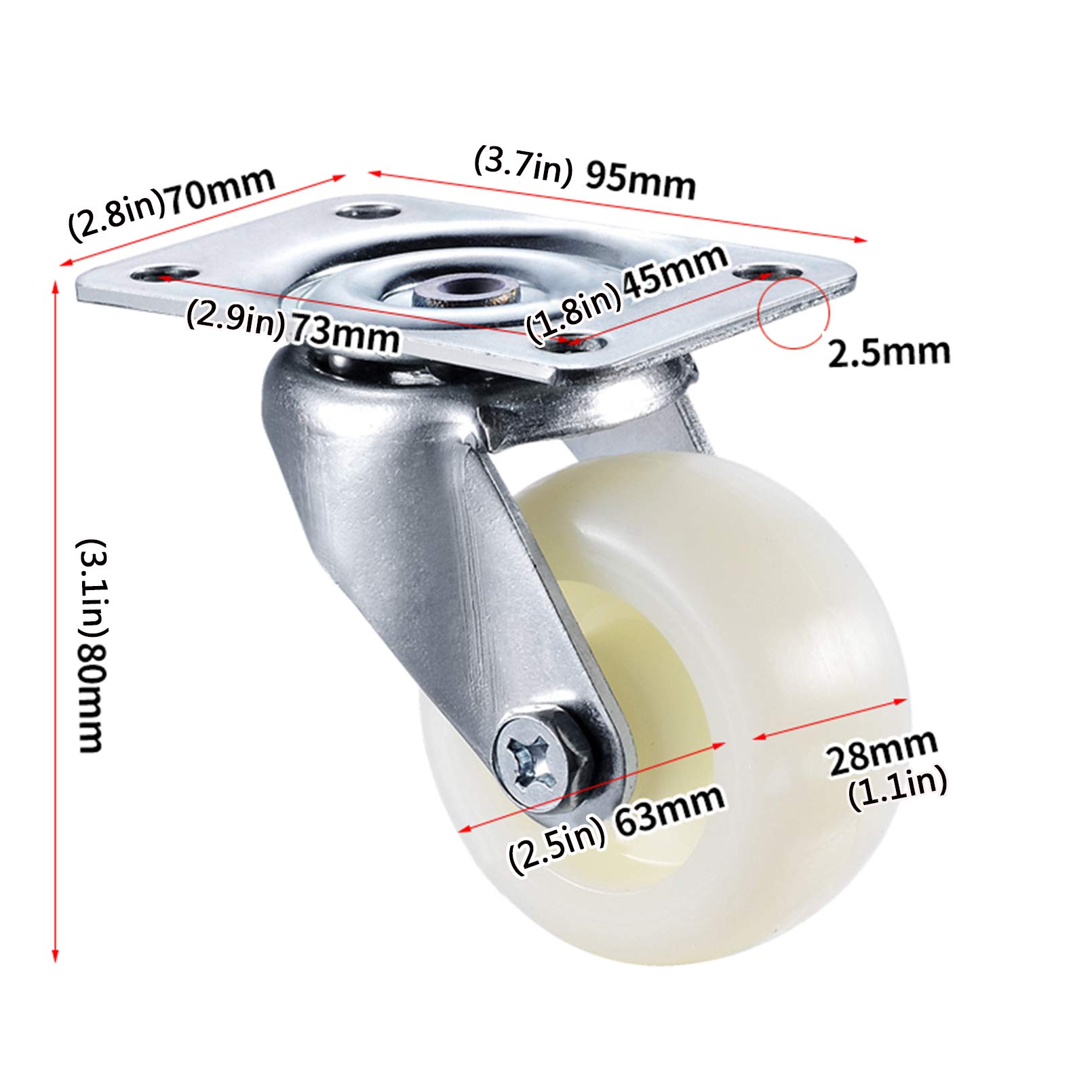 4 robuste Lenkrollen for Möbel, Tischwagen, Bett, Werkbank | 360-Grad-Oberplatte mit gebremsten Nylon-Möbelrollen, Tragfähigkeit 400 kg, leises Rollen(Standard+swivel,2.5in/63mm)